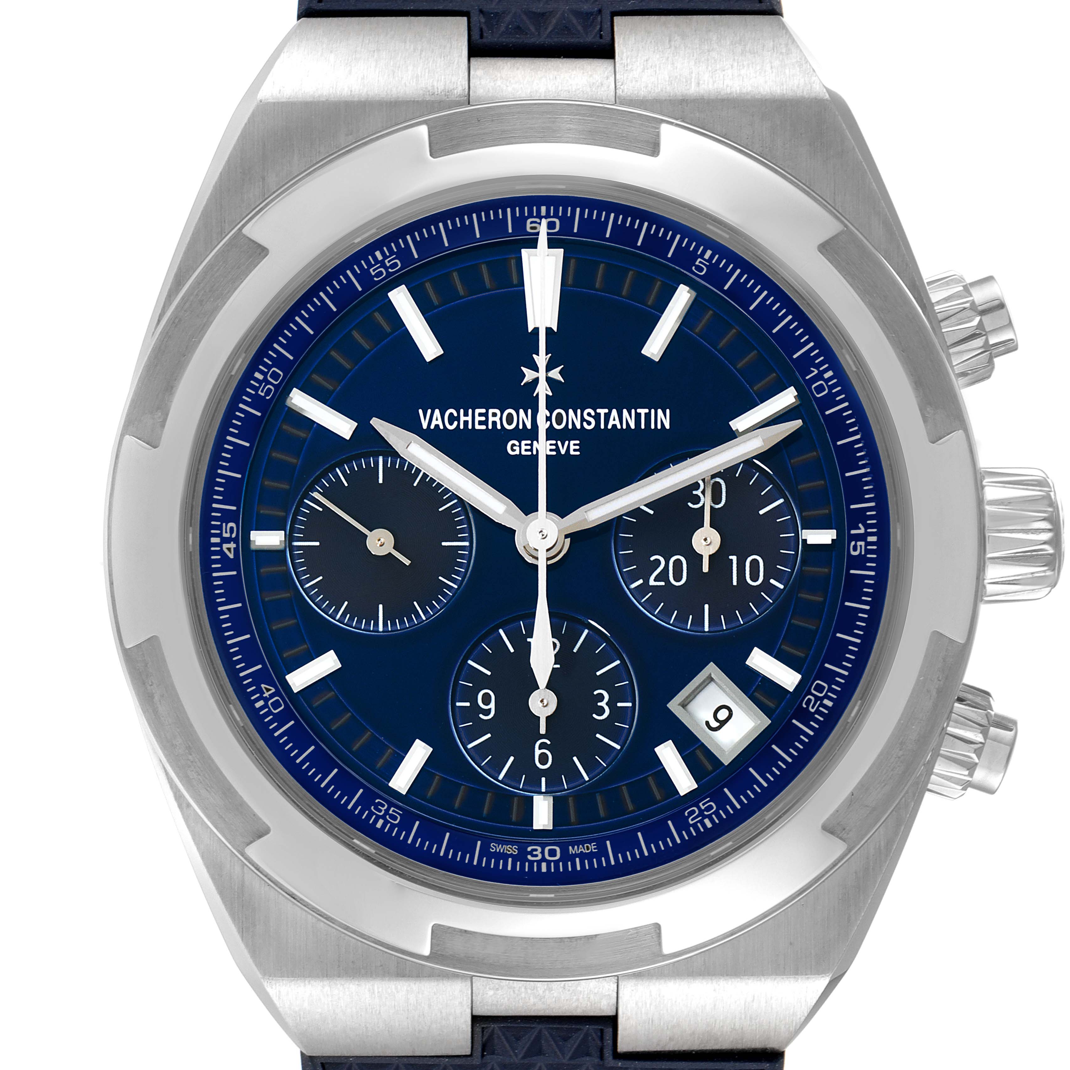 The image shows a frontal view of the Vacheron Constantin Overseas 5500V/110A-B148 Men's Stainless Steel Blue Dial 5500V/110A-B148 Men's Stainless Steel Blue Dial watch, highlighting its blue dial, three subdials, and date window.