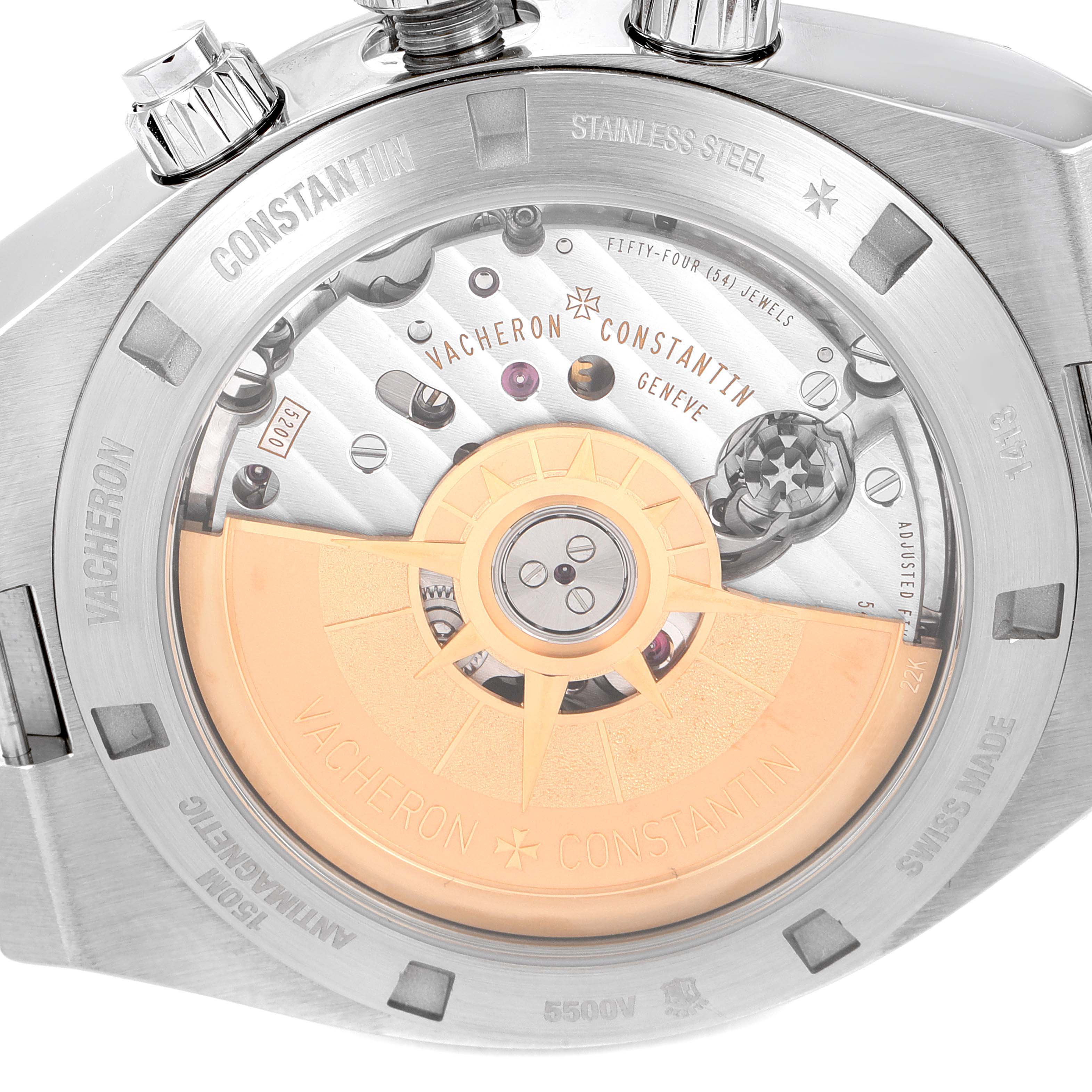 The image shows the back view of the Vacheron Constantin Overseas 5500V/110A-B148 Men's Stainless Steel Blue Dial 5500V/110A-B148 Men's Stainless Steel Blue Dial watch, revealing its movement and rotor.