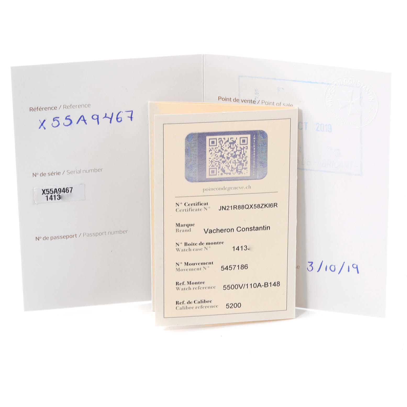 This image shows the certification and documentation for the Vacheron Constantin Overseas 5500V/110A-B148 Men's Stainless Steel Blue Dial 5500V/110A-B148 Men's Stainless Steel Blue Dial model.