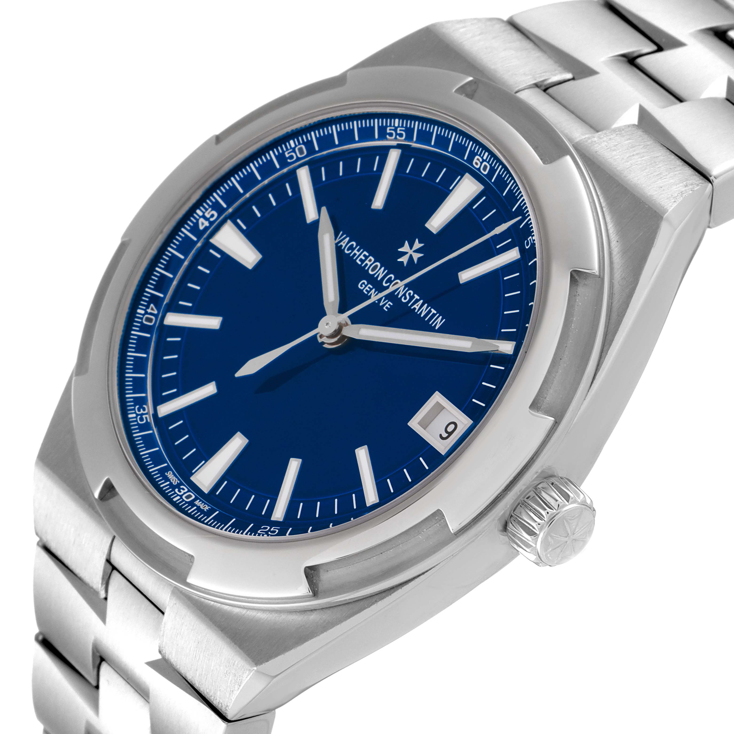 The Vacheron Constantin Overseas 4500V/110A-B128 Men's Stainless Steel Blue Dial 4500V/110A-B128 Men's Stainless Steel Blue Dial watch model is shown at an angle highlighting the dial, bezel, crown, and part of the bracelet.