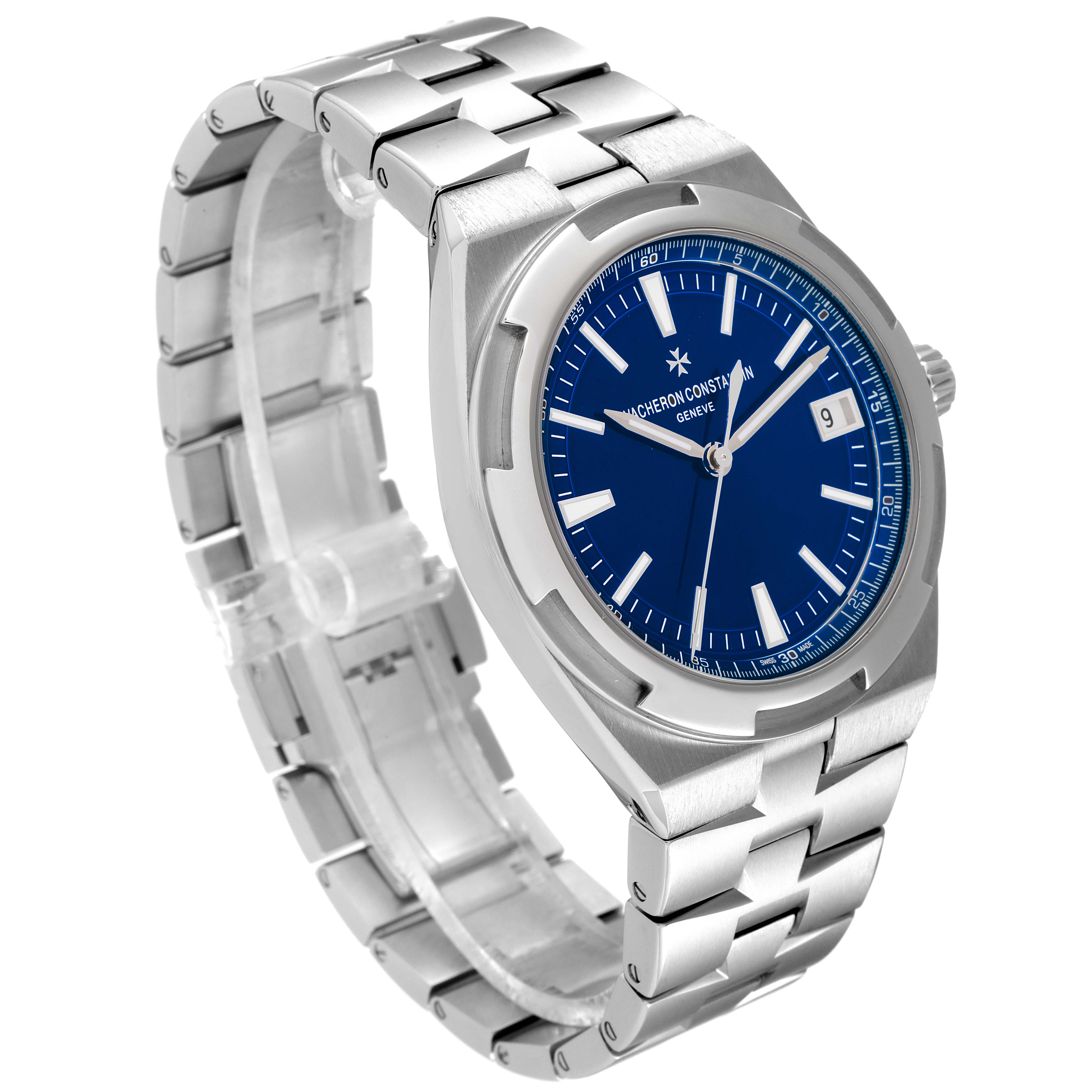 The image shows the Vacheron Constantin Overseas 4500V/110A-B128 Men's Stainless Steel Blue Dial 4500V/110A-B128 Men's Stainless Steel Blue Dial watch angled to display its face, bezel, and metal bracelet.