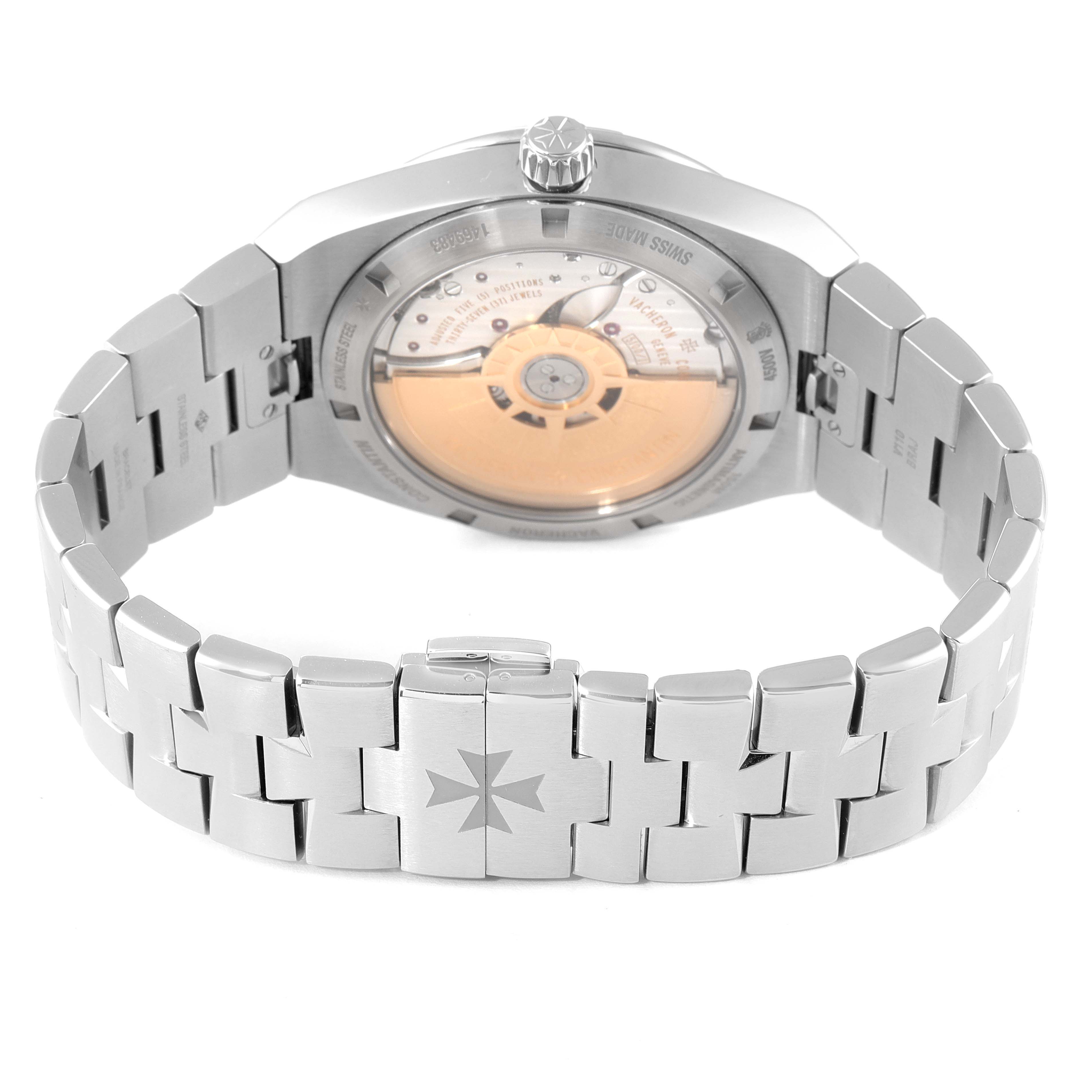 The image shows the back view of the Vacheron Constantin Overseas 4500V/110A-B128 Men's Stainless Steel Blue Dial 4500V/110A-B128 Men's Stainless Steel Blue Dial model, highlighting the bracelet and watch movement.