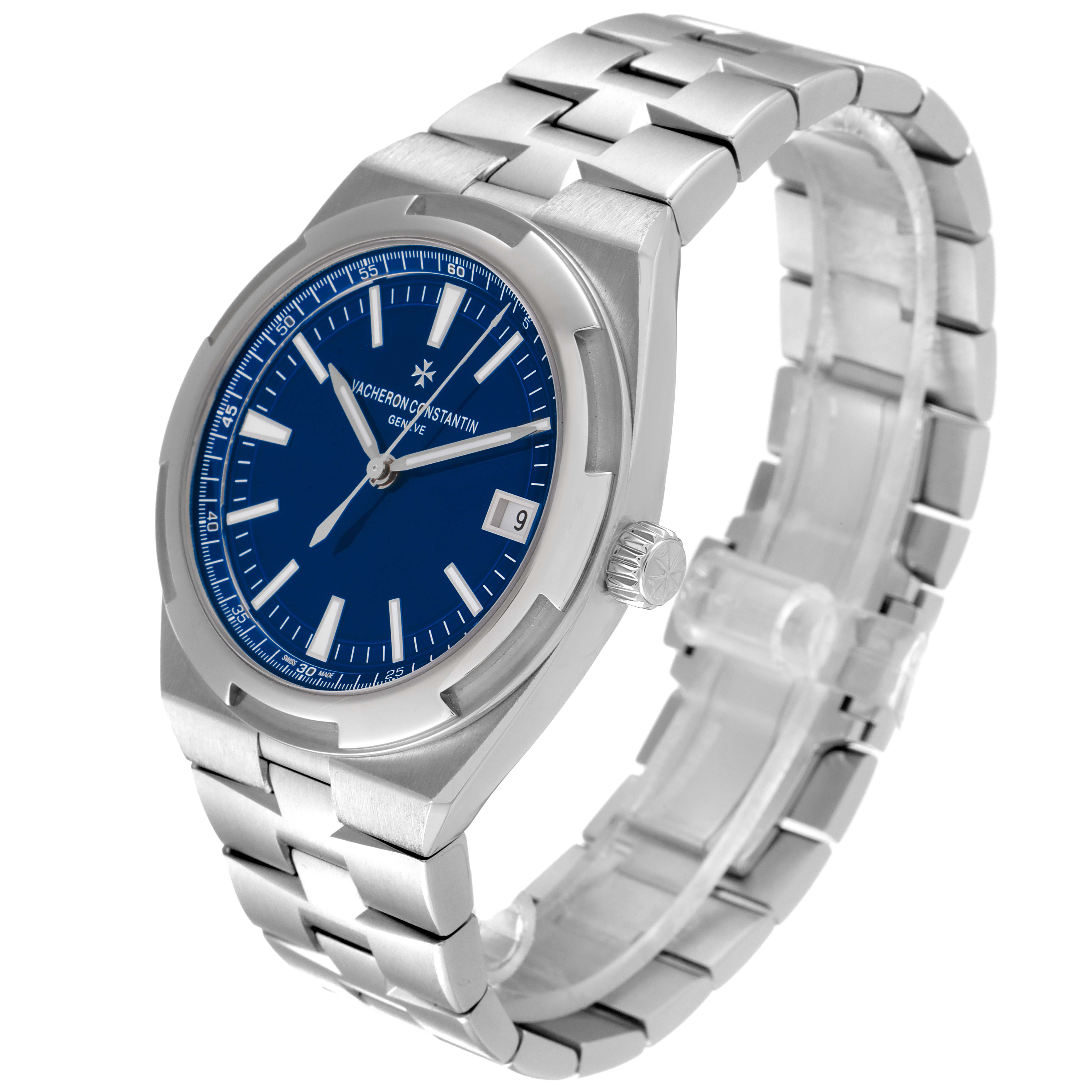 The Vacheron Constantin Overseas 4500V/110A-B128 Men's Stainless Steel Blue Dial 4500V/110A-B128 Men's Stainless Steel Blue Dial watch is shown at an angled front view, highlighting the blue dial, bezel, bracelet, and crown.