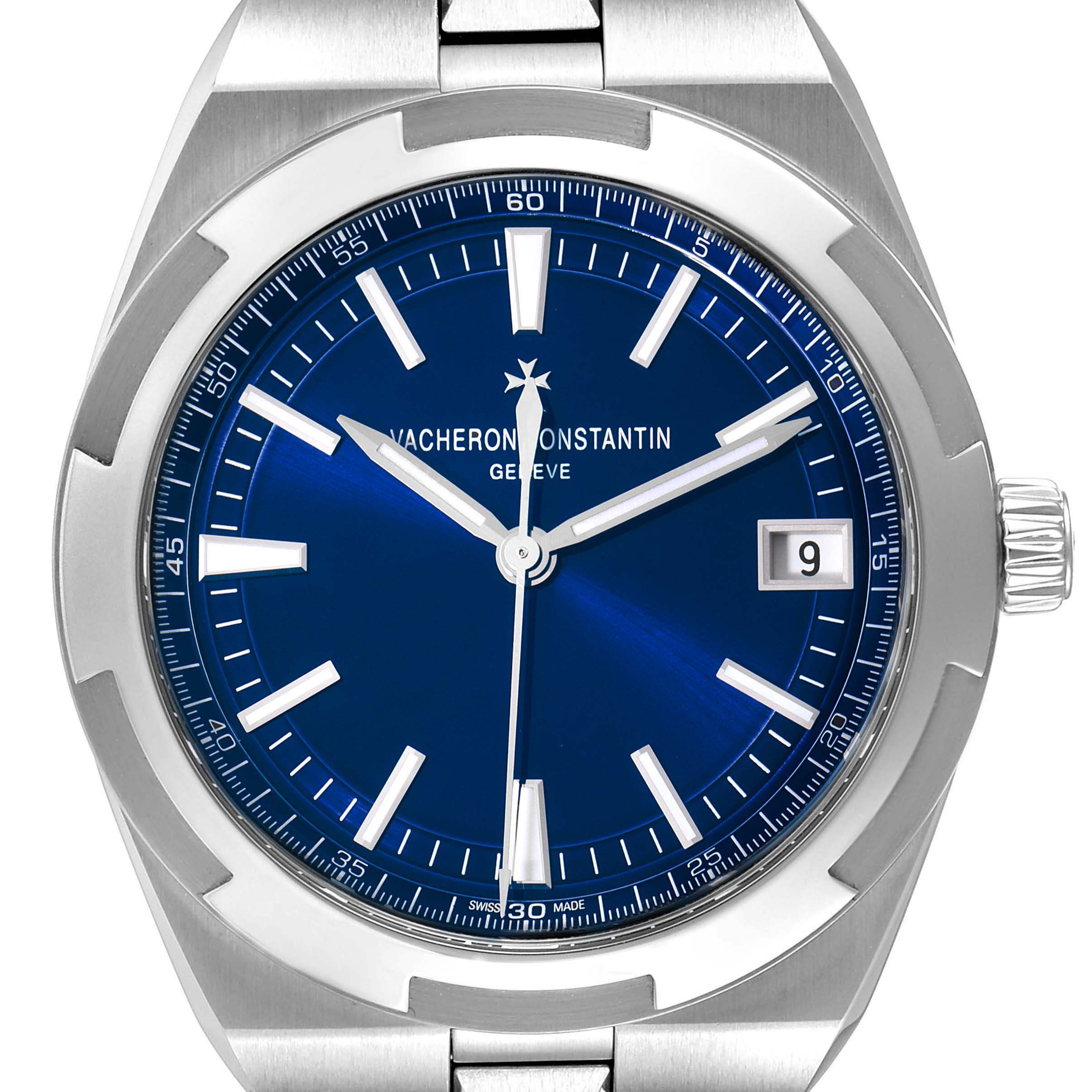 The image shows a frontal view of a Vacheron Constantin Overseas 4500V/110A-B128 Men's Stainless Steel Blue Dial 4500V/110A-B128 Men's Stainless Steel Blue Dial model watch featuring a blue dial.