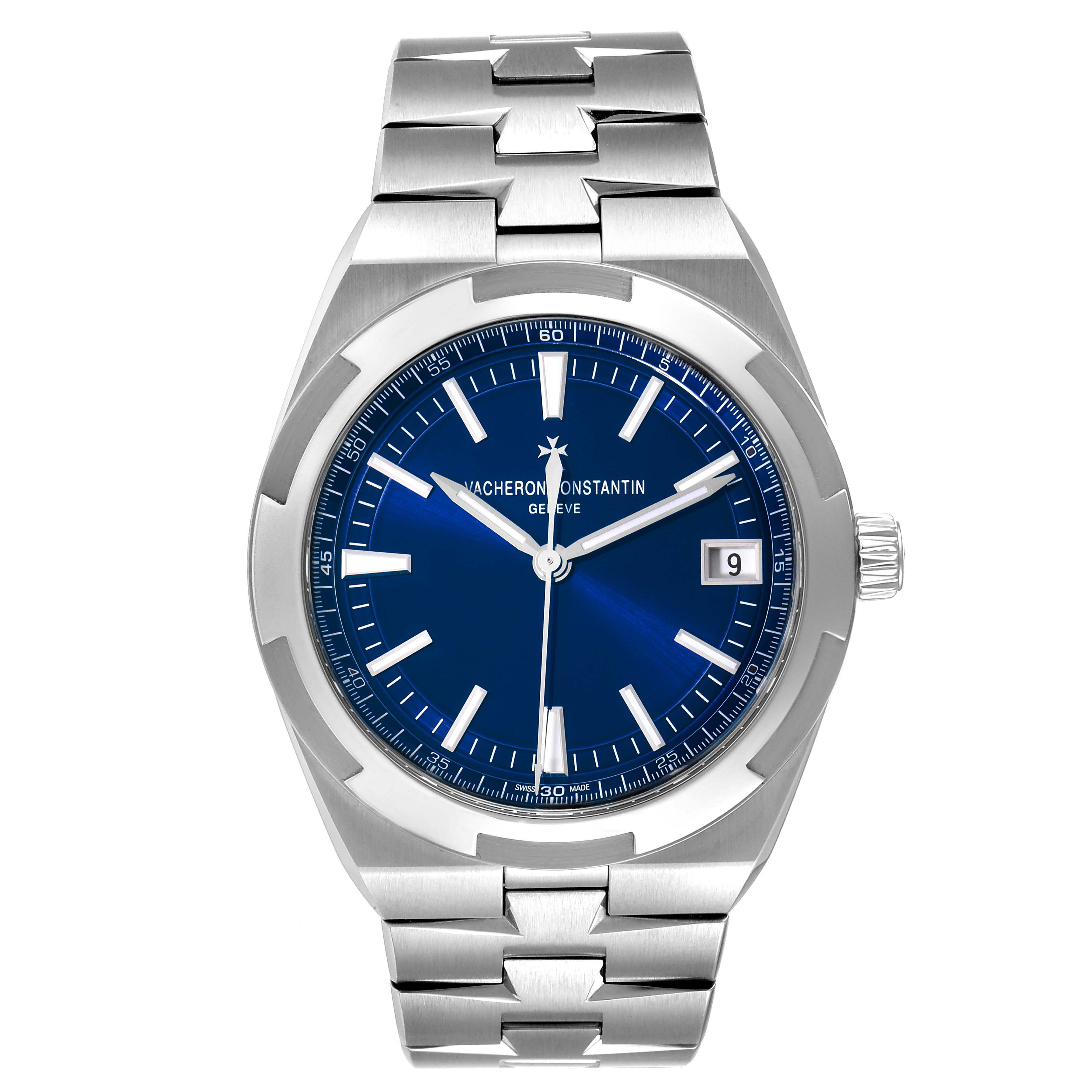The Vacheron Constantin Overseas 4500V/110A-B128 Men's Stainless Steel Blue Dial 4500V/110A-B128 Men's Stainless Steel Blue Dial watch is shown from a front angle, displaying the blue dial, hands, date window, and full bracelet.