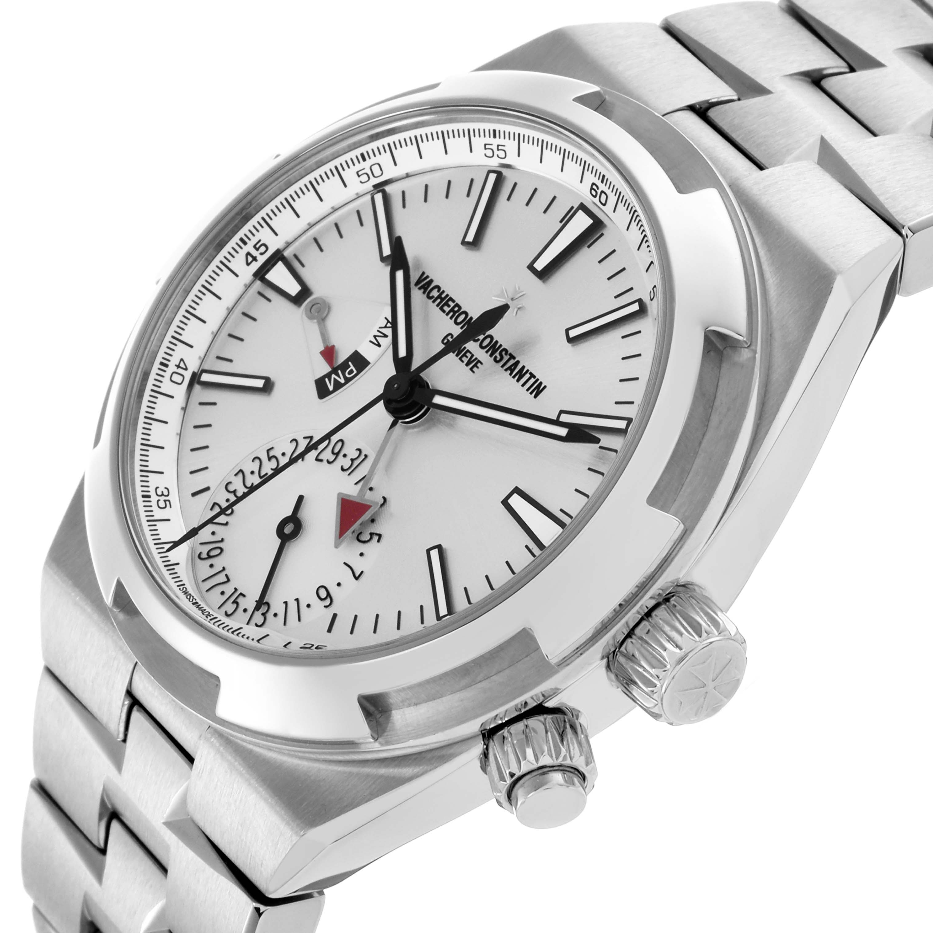 The Vacheron Constantin Overseas 7900V/110A-B333 Men's Stainless Steel Silver Dial 7900V/110A-B333 Men's Stainless Steel Silver Dial watch is shown at a side angle highlighting the dial, bezel, crown, and bracelet.