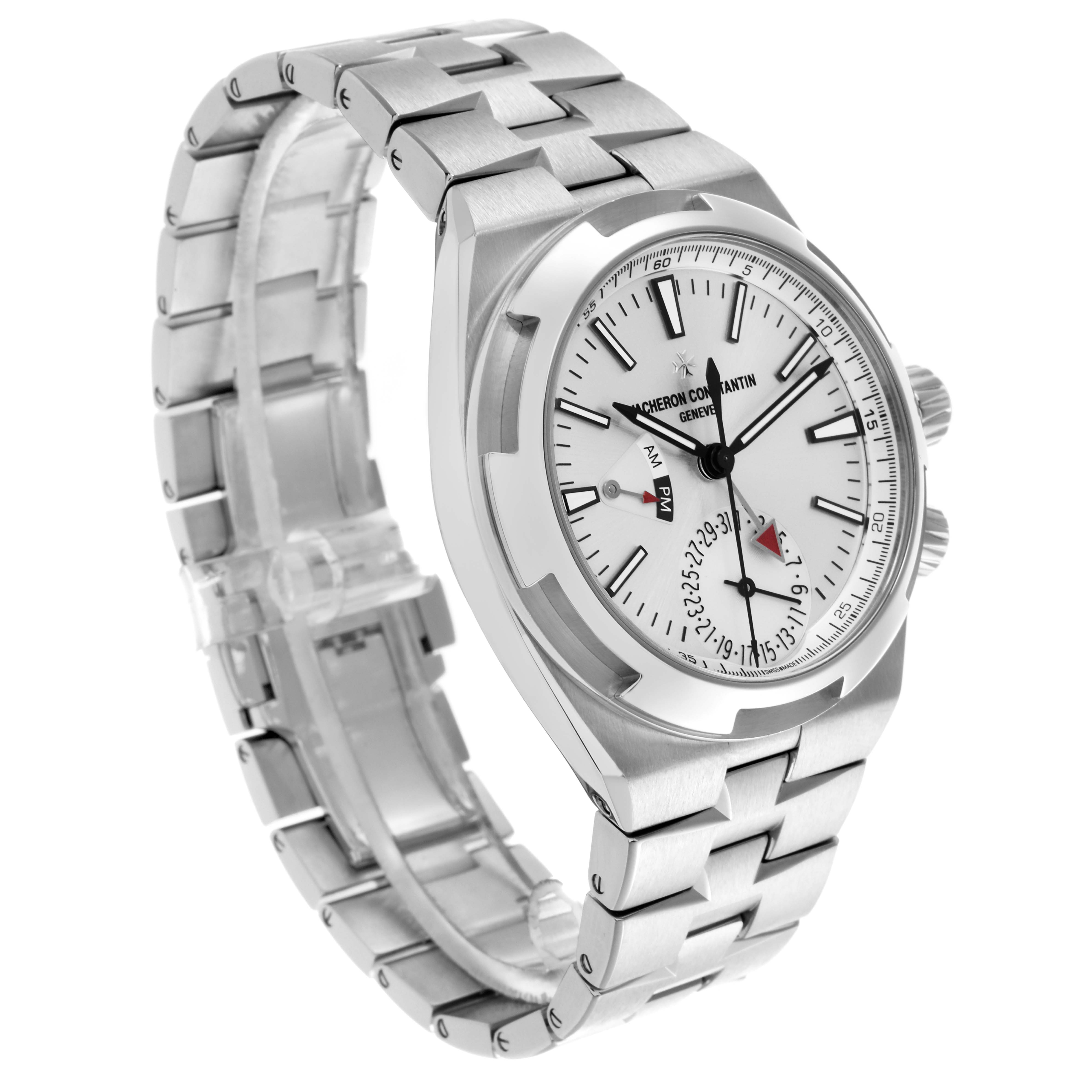The Vacheron Constantin Overseas 7900V/110A-B333 Men's Stainless Steel Silver Dial 7900V/110A-B333 Men's Stainless Steel Silver Dial watch is shown at a three-quarter angle featuring the face, bracelet, and side crown.