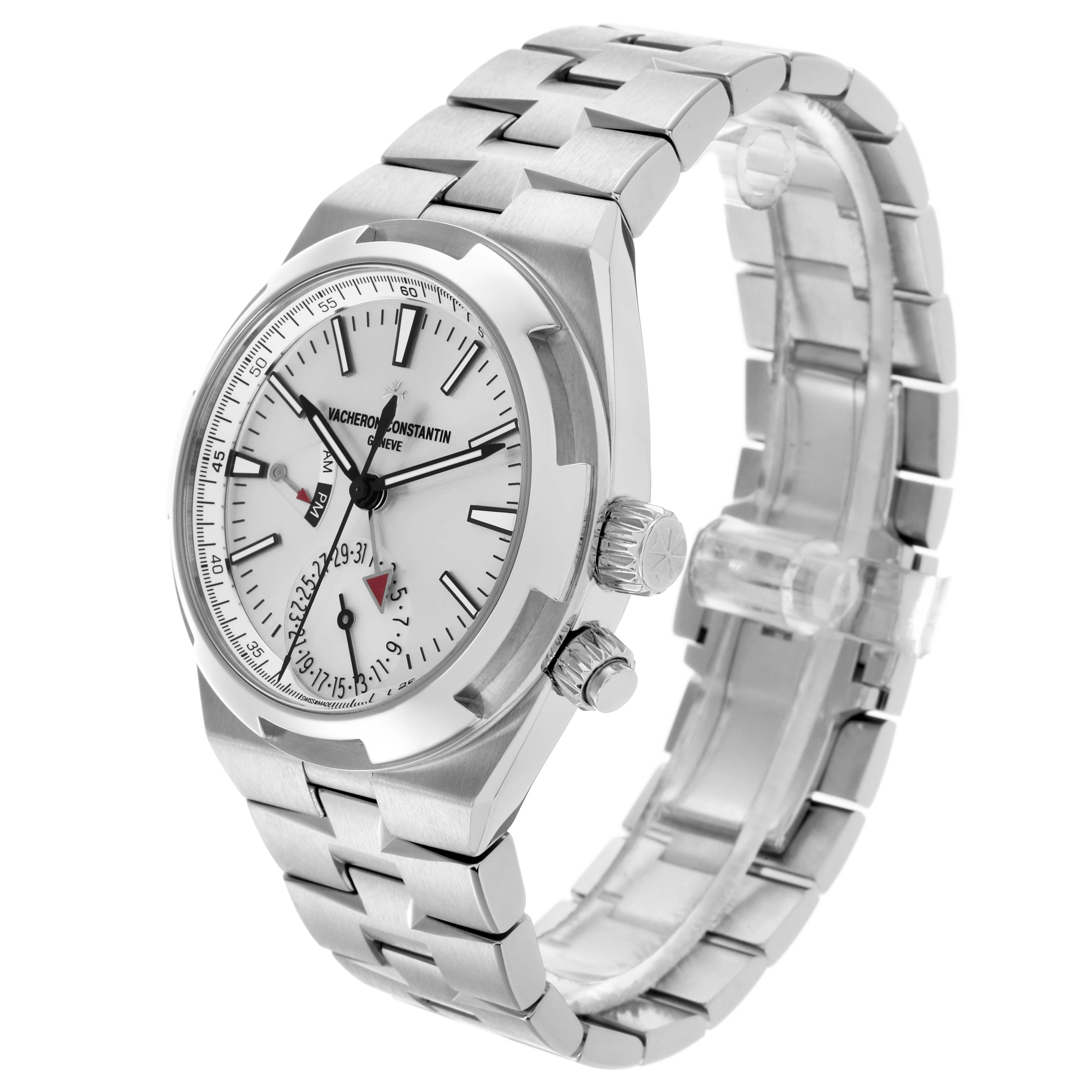 The Vacheron Constantin Overseas 7900V/110A-B333 Men's Stainless Steel Silver Dial 7900V/110A-B333 Men's Stainless Steel Silver Dial watch is shown at a three-quarter angle, highlighting the dial, crown, and bracelet.