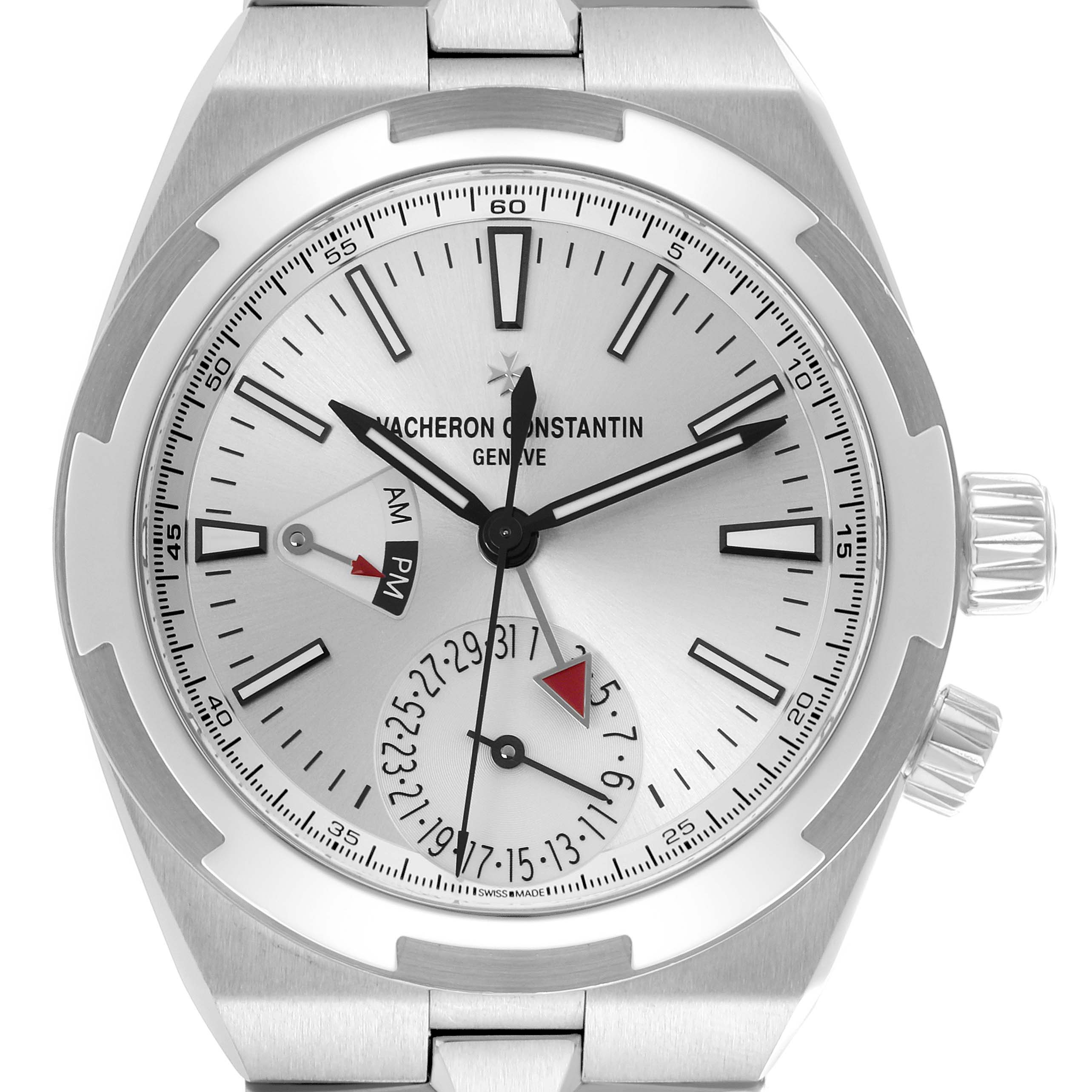 The image shows a frontal view of the Vacheron Constantin Overseas 7900V/110A-B333 Men's Stainless Steel Silver Dial 7900V/110A-B333 Men's Stainless Steel Silver Dial model, highlighting the dial, hands, crown, and date subdial.