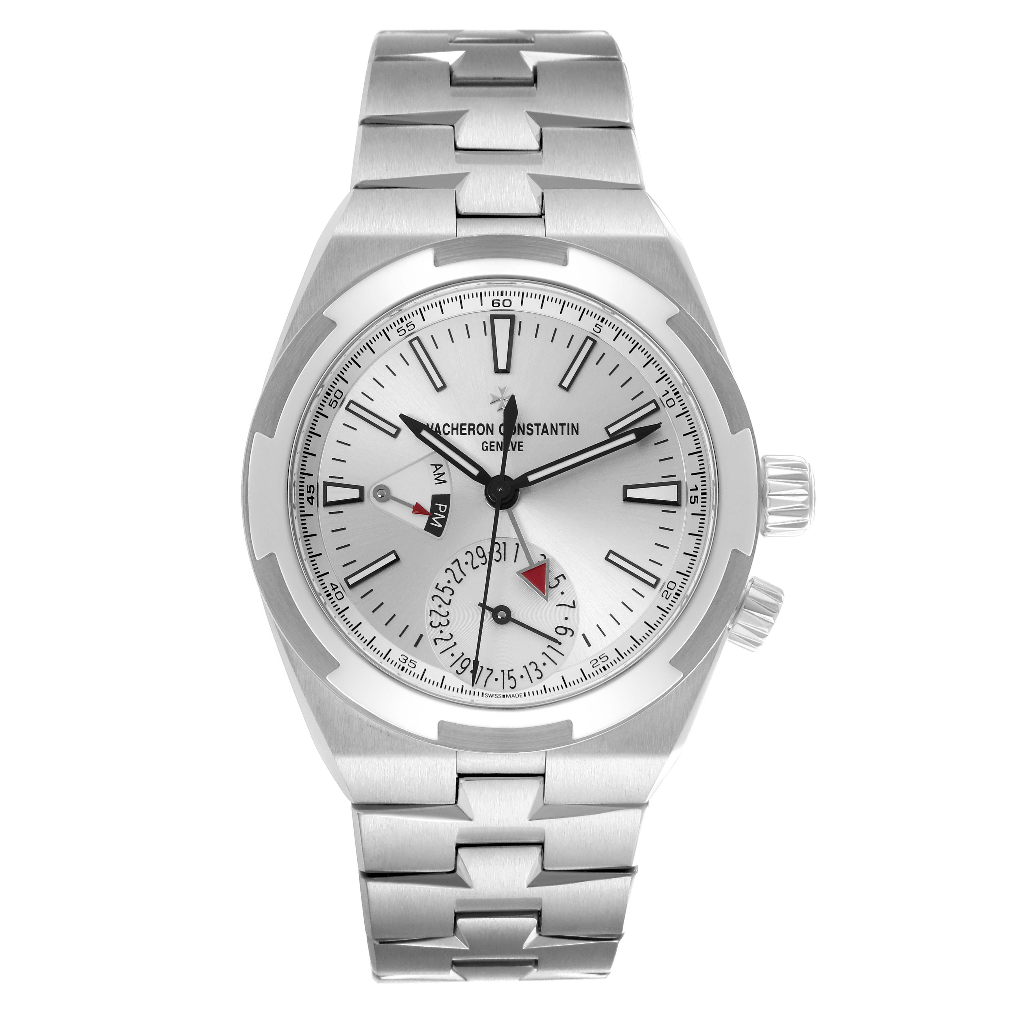 The image shows a Vacheron Constantin Overseas 7900V/110A-B333 Men's Stainless Steel Silver Dial 7900V/110A-B333 Men's Stainless Steel Silver Dial watch from a front angle, displaying the dial, hour markers, hands, and bracelet.