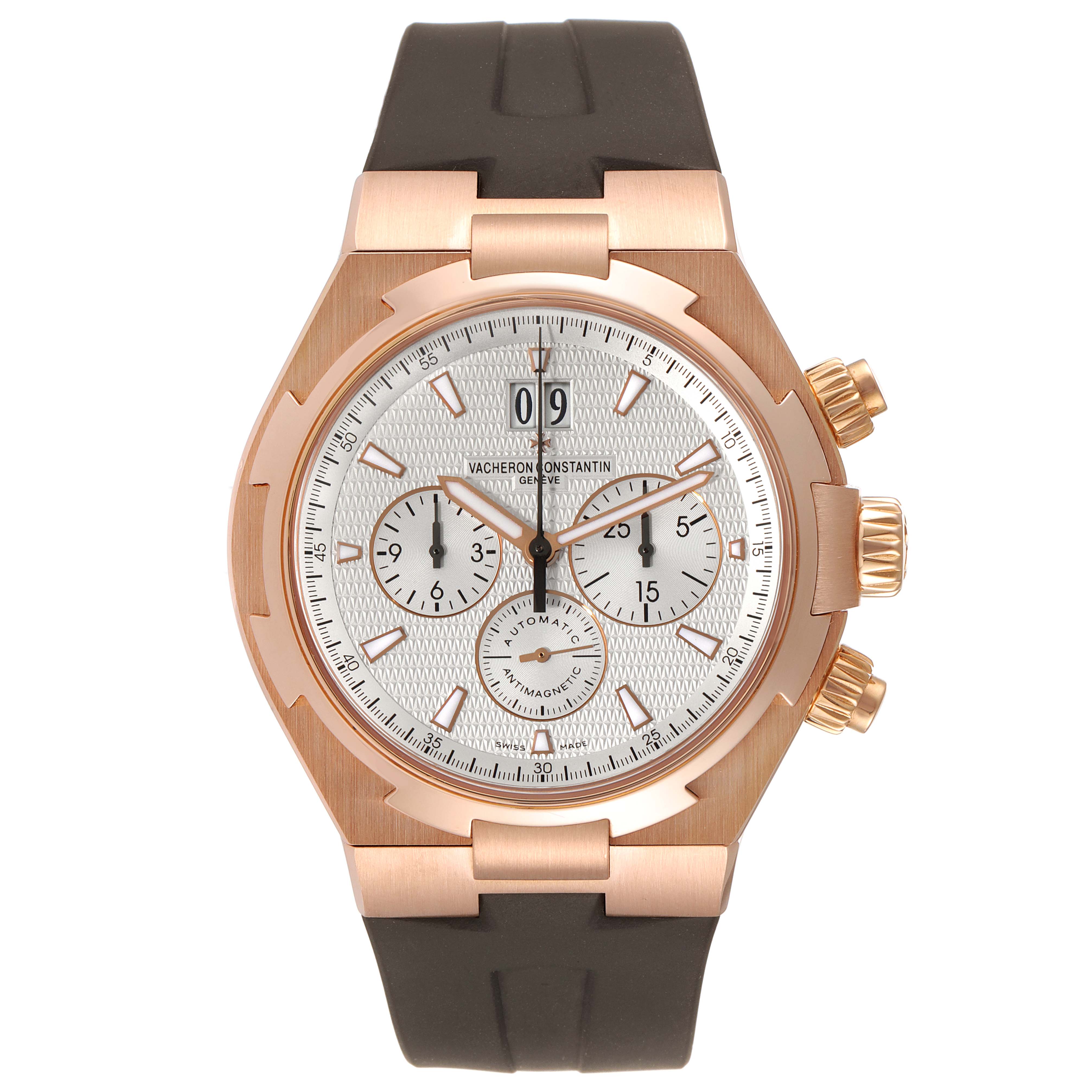 The image shows a front view of a Vacheron Constantin Overseas 49150/000R-9454 Men's Rose Gold Silver Dial 49150/000R-9454 Men's Rose Gold Silver Dial model watch, featuring a round dial, chronograph subdials, and a rubber strap.