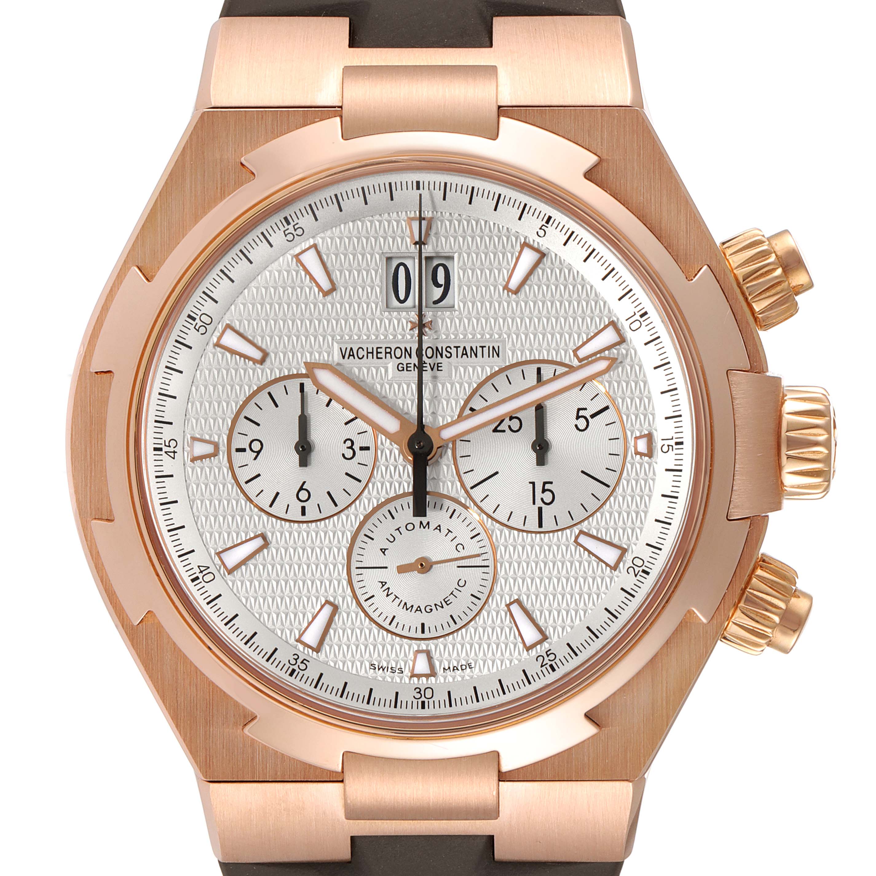 The image shows a front view of the Vacheron Constantin Overseas 49150/000R-9454 Men's Rose Gold Silver Dial 49150/000R-9454 Men's Rose Gold Silver Dial watch, highlighting the dial, hands, subdials, and crown.