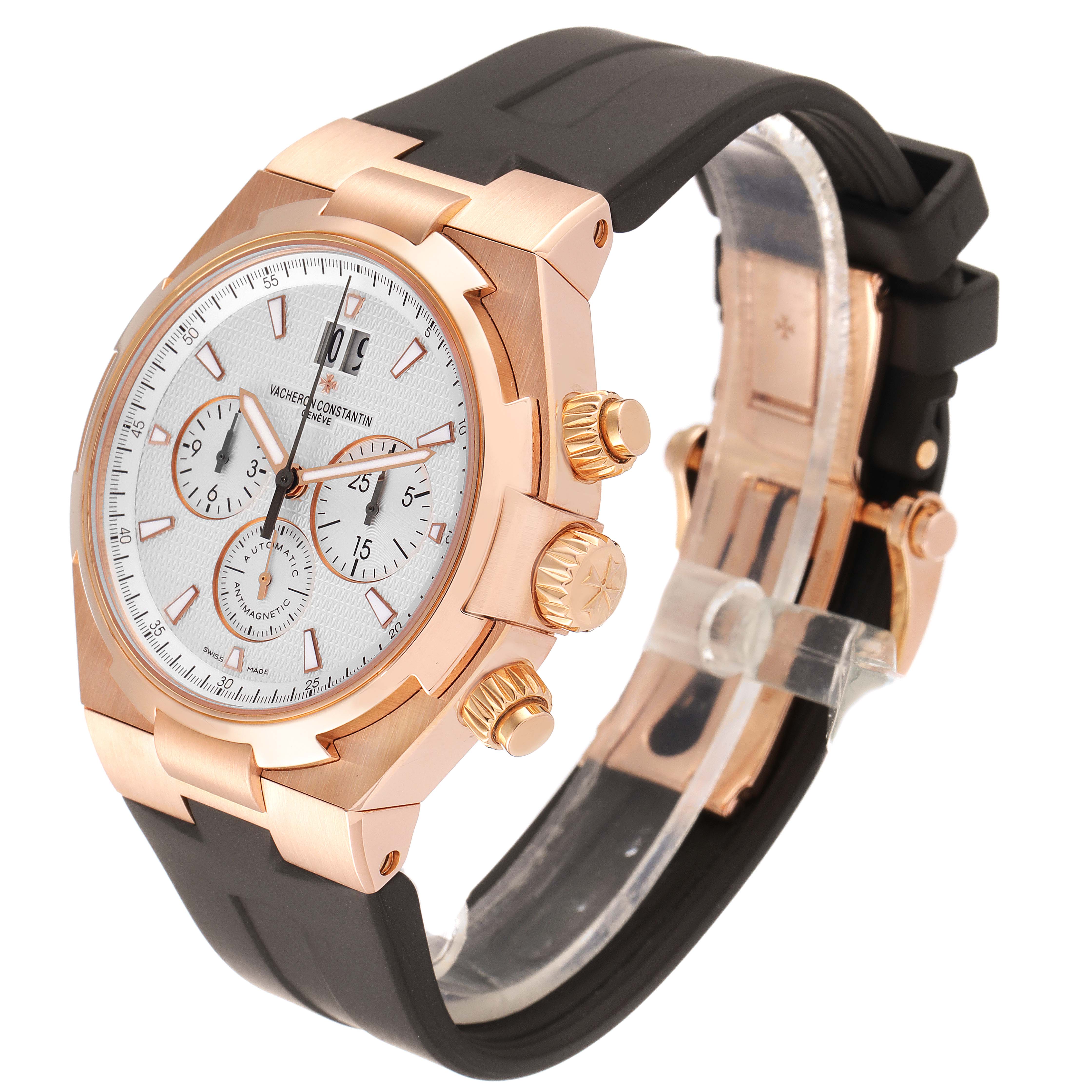 The image shows a side view of the Vacheron Constantin Overseas 49150/000R-9454 Men's Rose Gold Silver Dial 49150/000R-9454 Men's Rose Gold Silver Dial model watch, highlighting the bezel, crown, push-buttons, and strap.