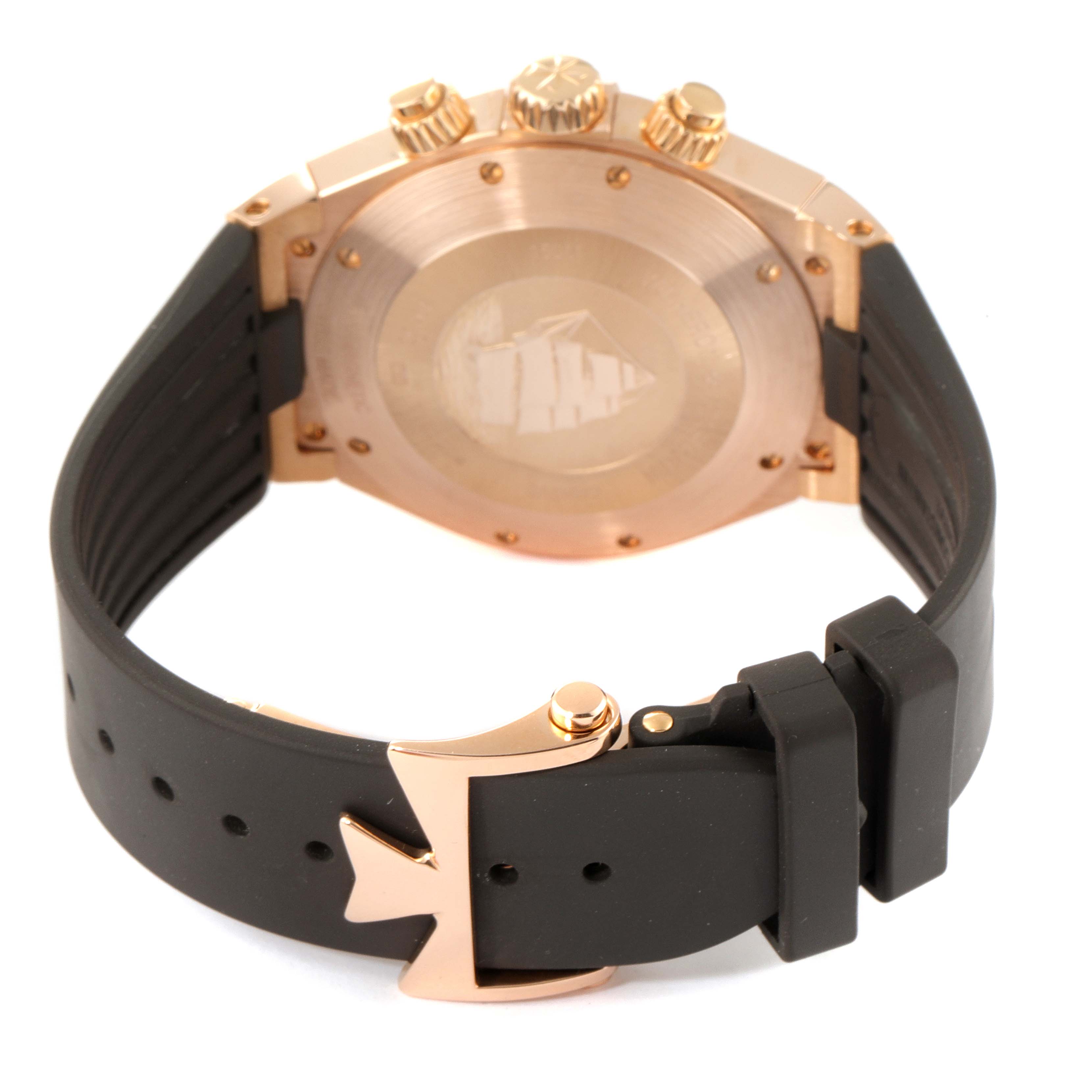 The image shows the back view of a Vacheron Constantin Overseas 49150/000R-9454 Men's Rose Gold Silver Dial 49150/000R-9454 Men's Rose Gold Silver Dial model watch, highlighting its caseback, crown, and clasp.