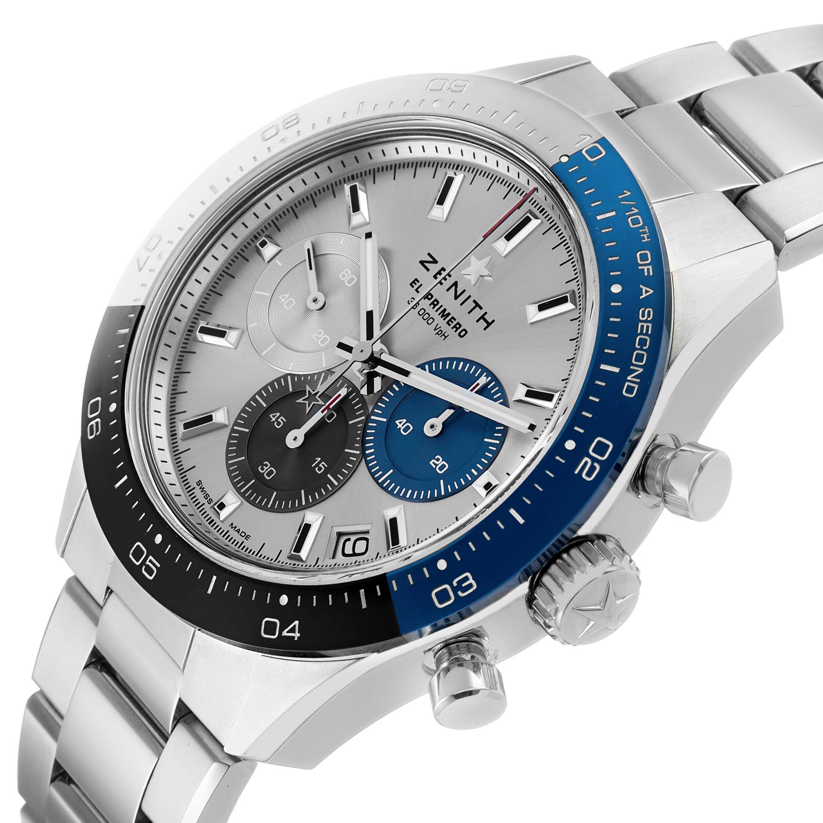 The Zenith Chronomaster 03.3103.3600/69.M3100 Men's Stainless Steel Silver Dial watch is shown at a slight angle, featuring the dial, bezel, crown, and pushers.