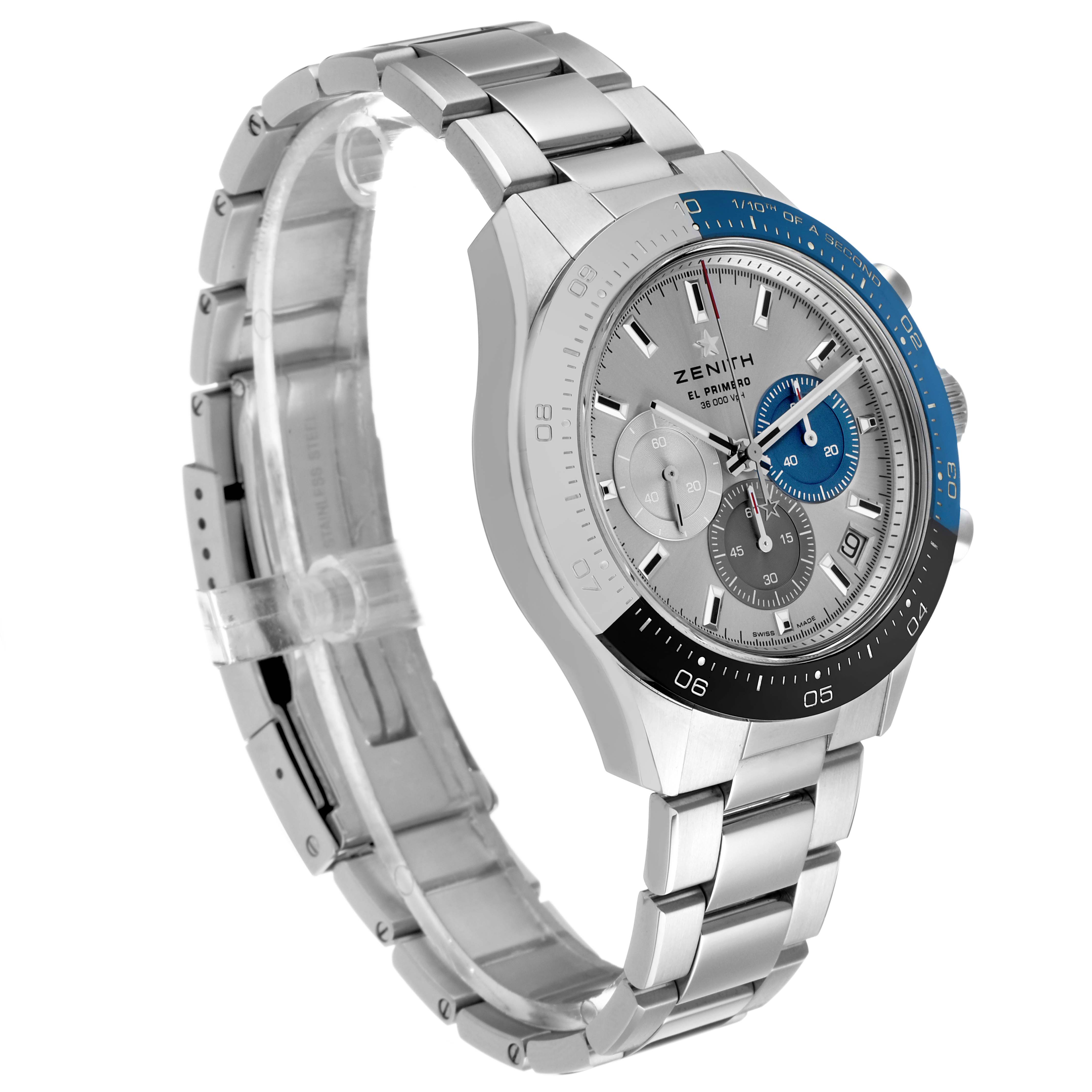 The Zenith Chronomaster 03.3103.3600/69.M3100 Men's Stainless Steel Silver Dial watch is shown at a slight angle displaying the face, bezel, and part of the metal bracelet.
