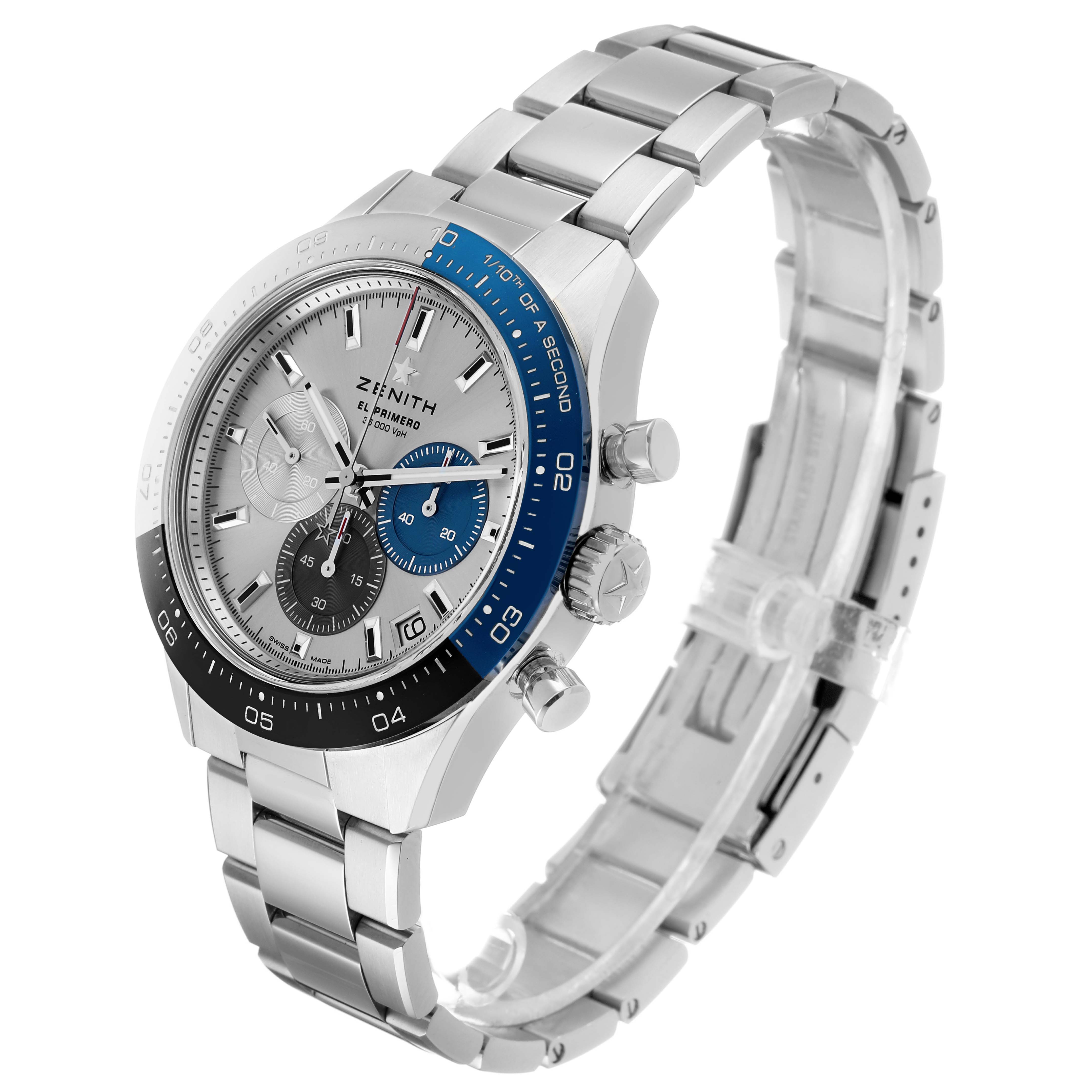 The Zenith Chronomaster 03.3103.3600/69.M3100 Men's Stainless Steel Silver Dial watch is angled to show the face, bezel, and stainless steel bracelet.