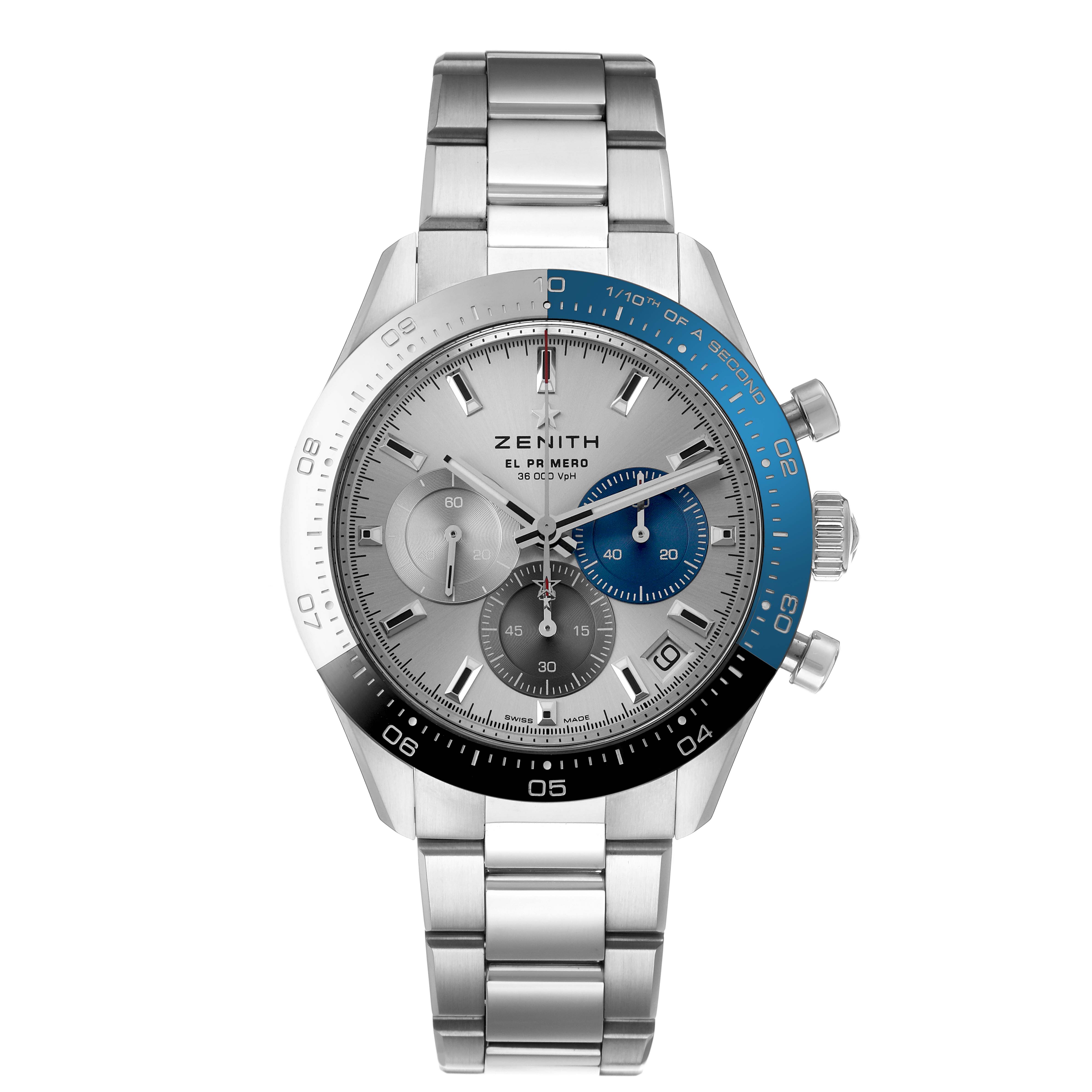 The Zenith Chronomaster 03.3103.3600/69.M3100 Men's Stainless Steel Silver Dial watch is shown from a top-down angle, displaying the face, bezel, subdials, and bracelet.