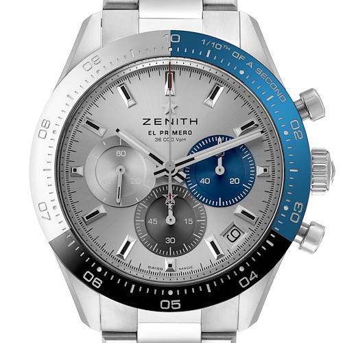 The Chronomaster by Zenith is shown from a frontal angle, displaying its dial, bezel, pushers, and crown.