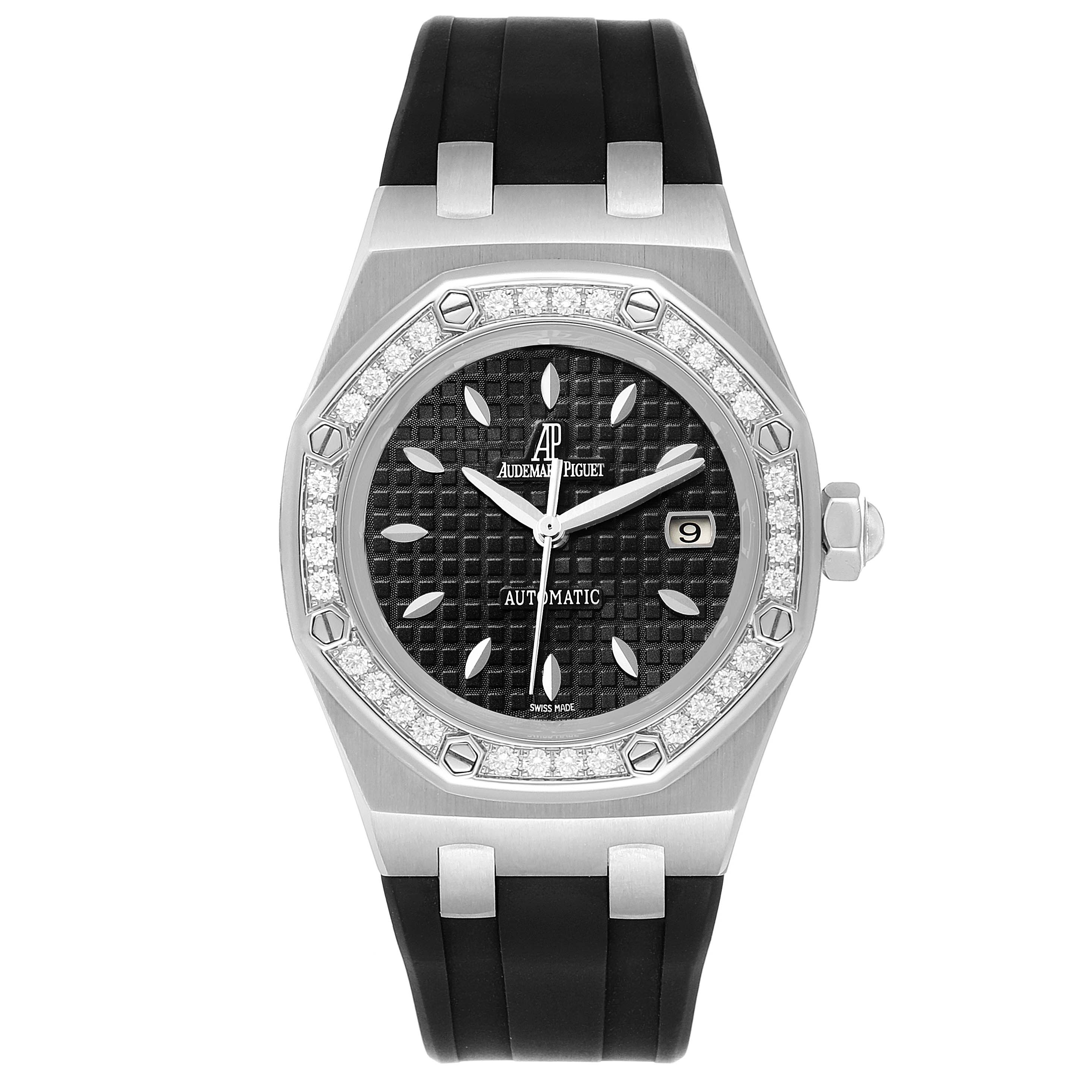 This image shows a front view of the Audemars Piguet Royal Oak 77321ST22D002CR01 Women's Stainless Steel Black Dial 77321ST22D002CR01 Women's Stainless Steel Black Dial watch, highlighting the dial, bezel, and black rubber strap.