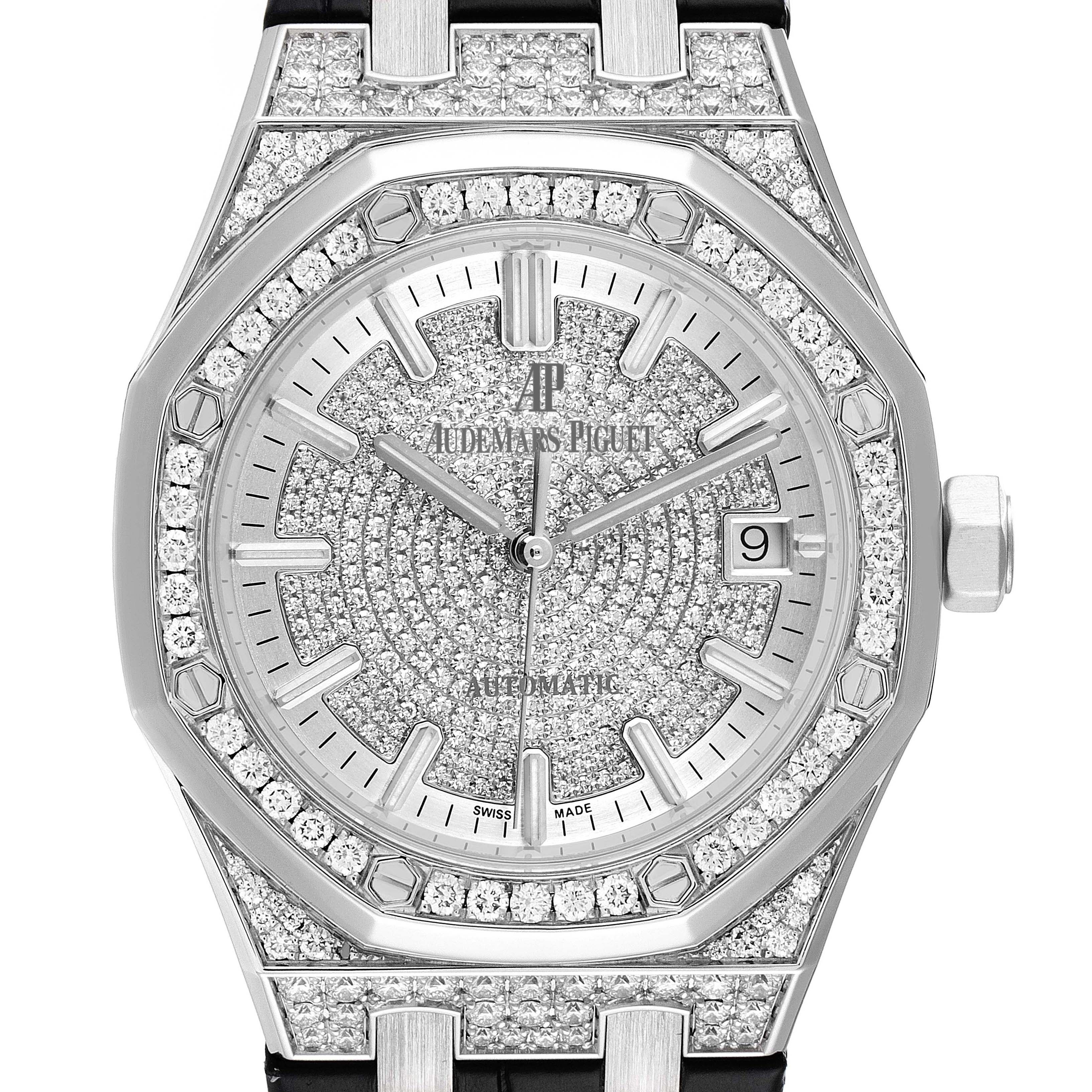 The image shows the front view of an Audemars Piguet Royal Oak 15452BC.ZZ.D019CR.01 Men's White Gold Silver Dial 15452BC.ZZ.D019CR.01 Men's White Gold Silver Dial watch, featuring a diamond-encrusted dial and bezel.