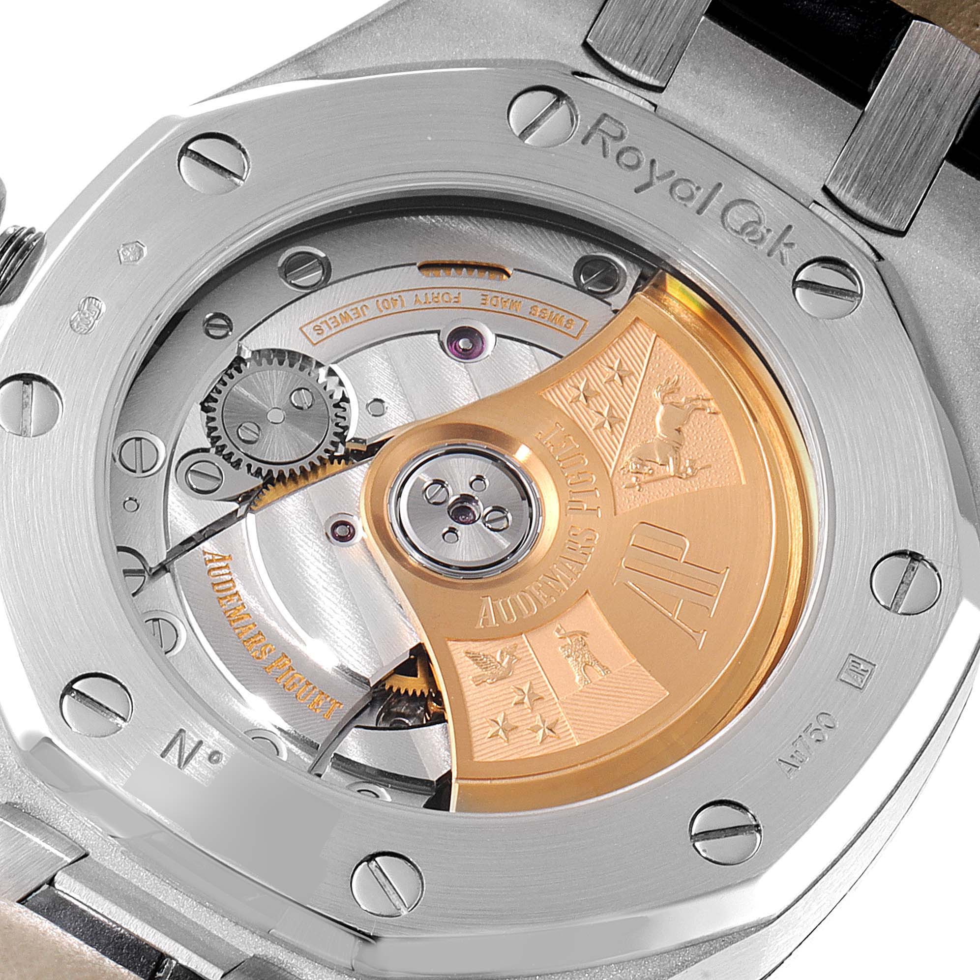 This image shows the back of the Audemars Piguet Royal Oak 15452BC.ZZ.D019CR.01 Men's White Gold Silver Dial 15452BC.ZZ.D019CR.01 Men's White Gold Silver Dial watch, highlighting the visible internal movement and rotor through the transparent case back.
