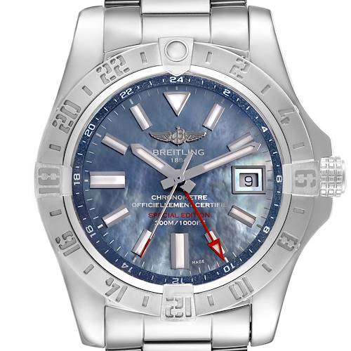Photo of Breitling Avenger II GMT Steel Blue MOP Dial Mens Watch A32390 Box Card