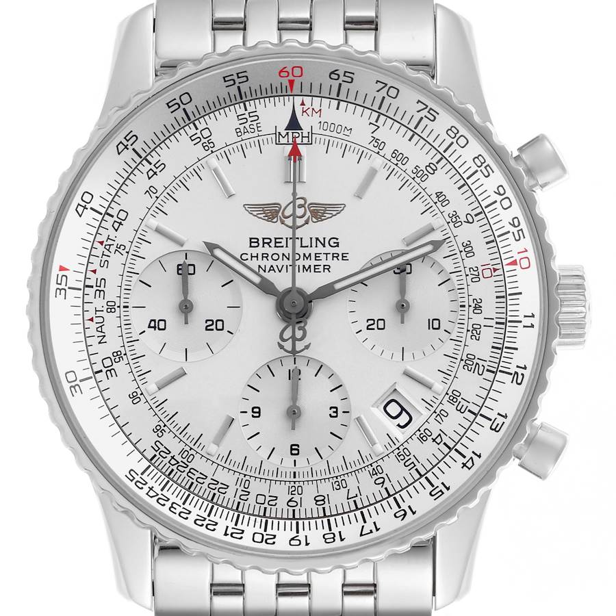 The image shows a front view of the Breitling Navitimer watch, highlighting its chronograph dials and slide rule bezel.