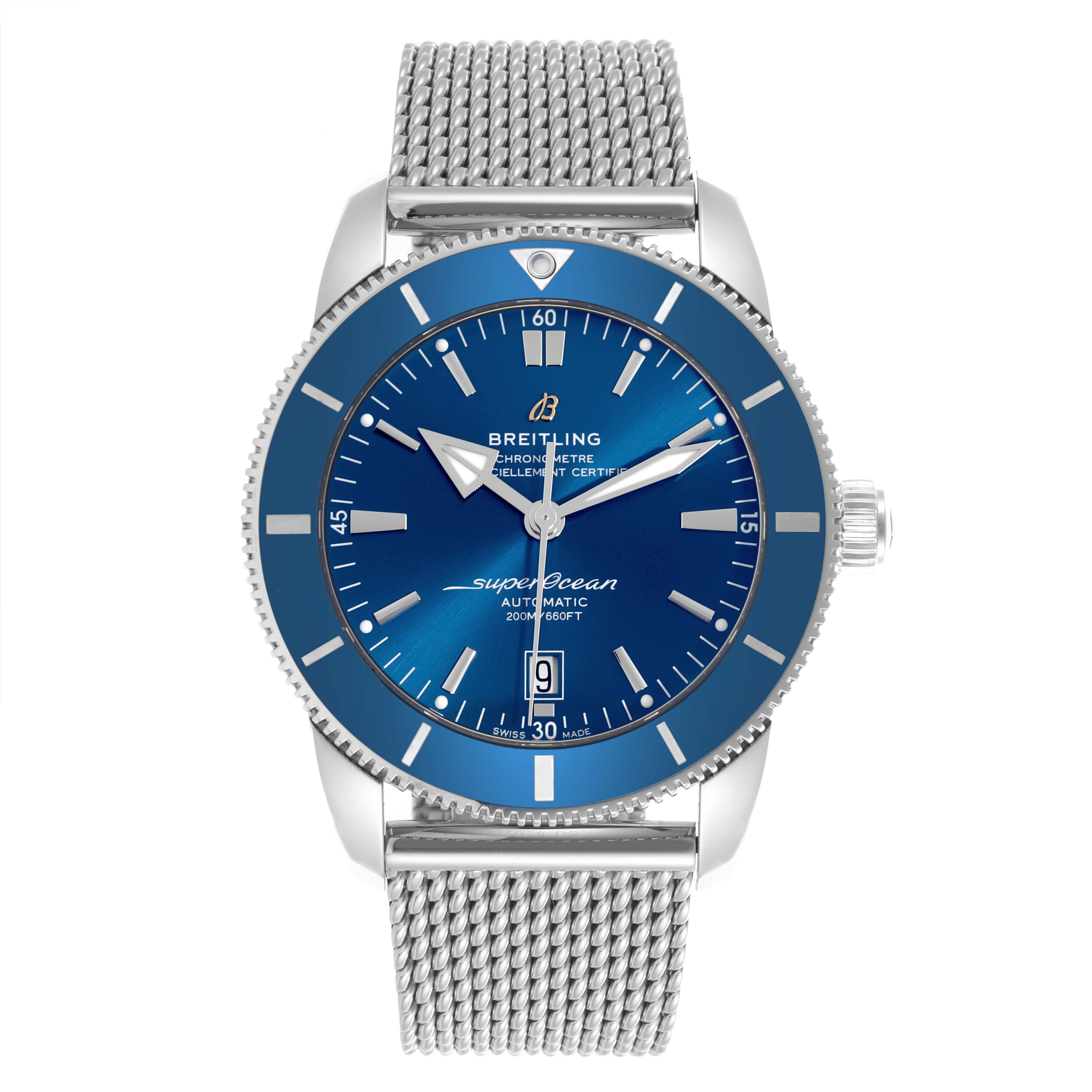 The Breitling Superocean AB2020161C1A1 Men's Stainless Steel Blue Dial AB2020161C1A1 Men's Stainless Steel Blue Dial watch is shown from a front view, highlighting its blue dial, silver bezel, and mesh bracelet.