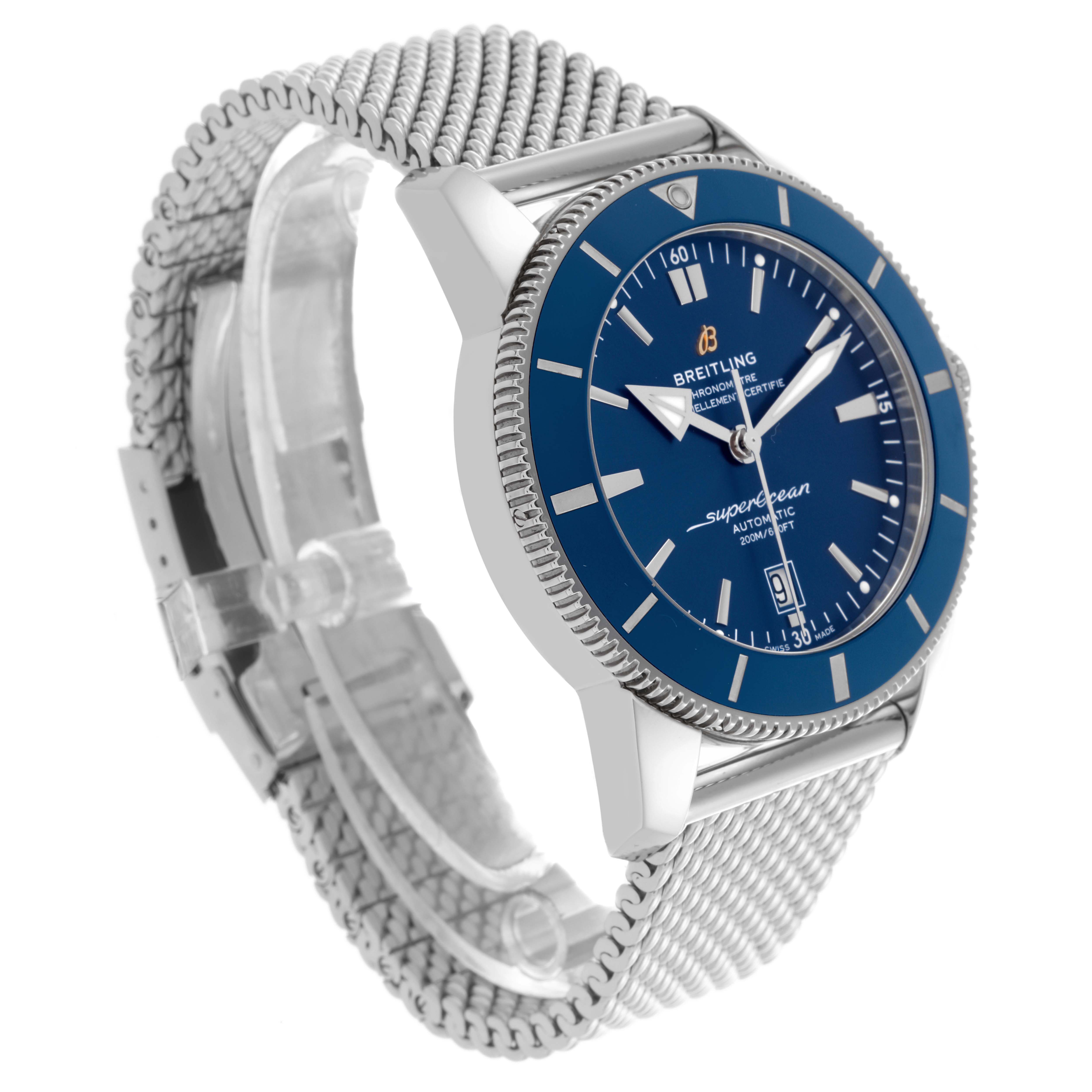 The Breitling Superocean AB2020161C1A1 Men's Stainless Steel Blue Dial AB2020161C1A1 Men's Stainless Steel Blue Dial watch is shown at a three-quarter angle, highlighting the blue dial, bezel, and mesh bracelet.