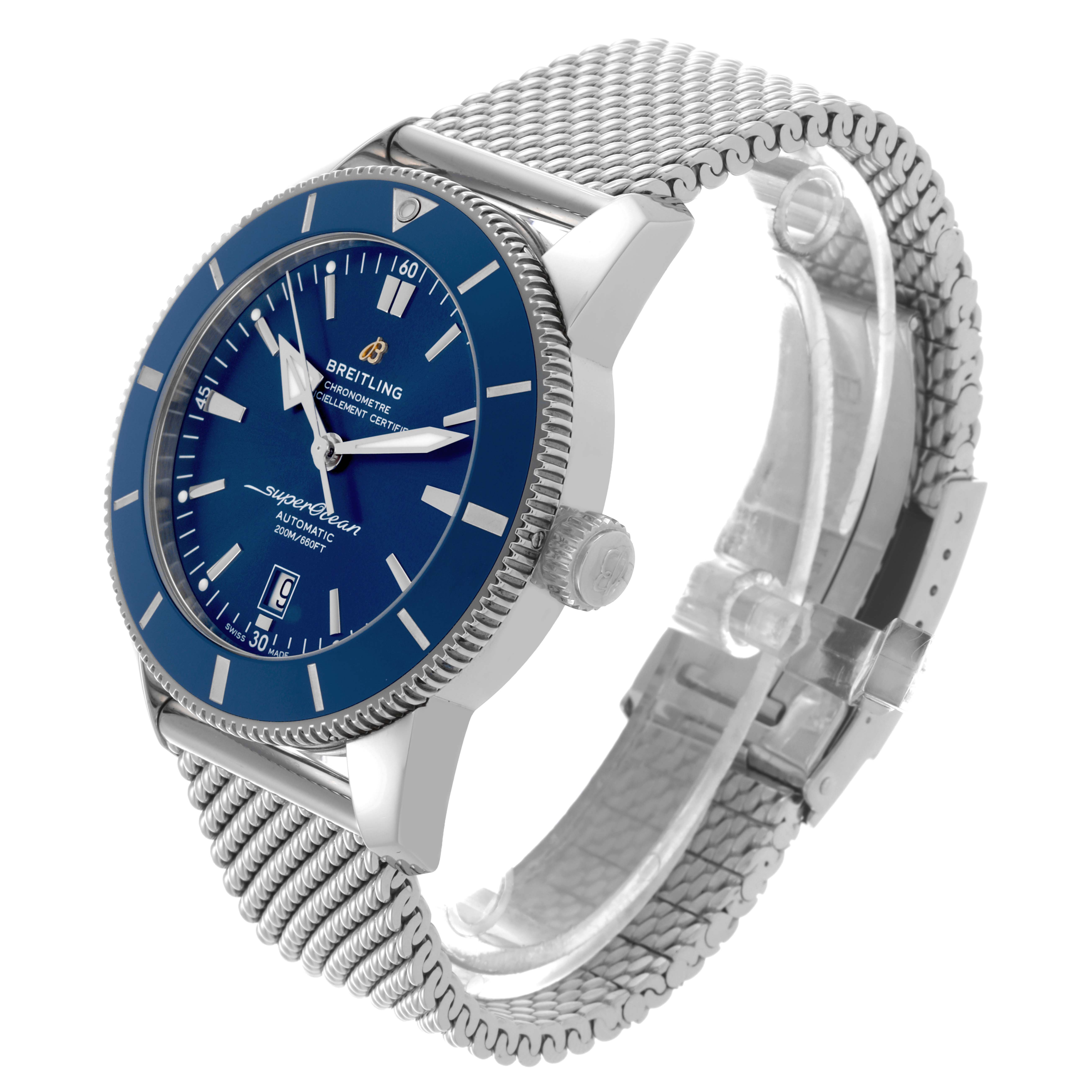 The Breitling Superocean AB2020161C1A1 Men's Stainless Steel Blue Dial AB2020161C1A1 Men's Stainless Steel Blue Dial watch is shown at an angled side view, displaying the blue dial, bezel, and mesh bracelet.