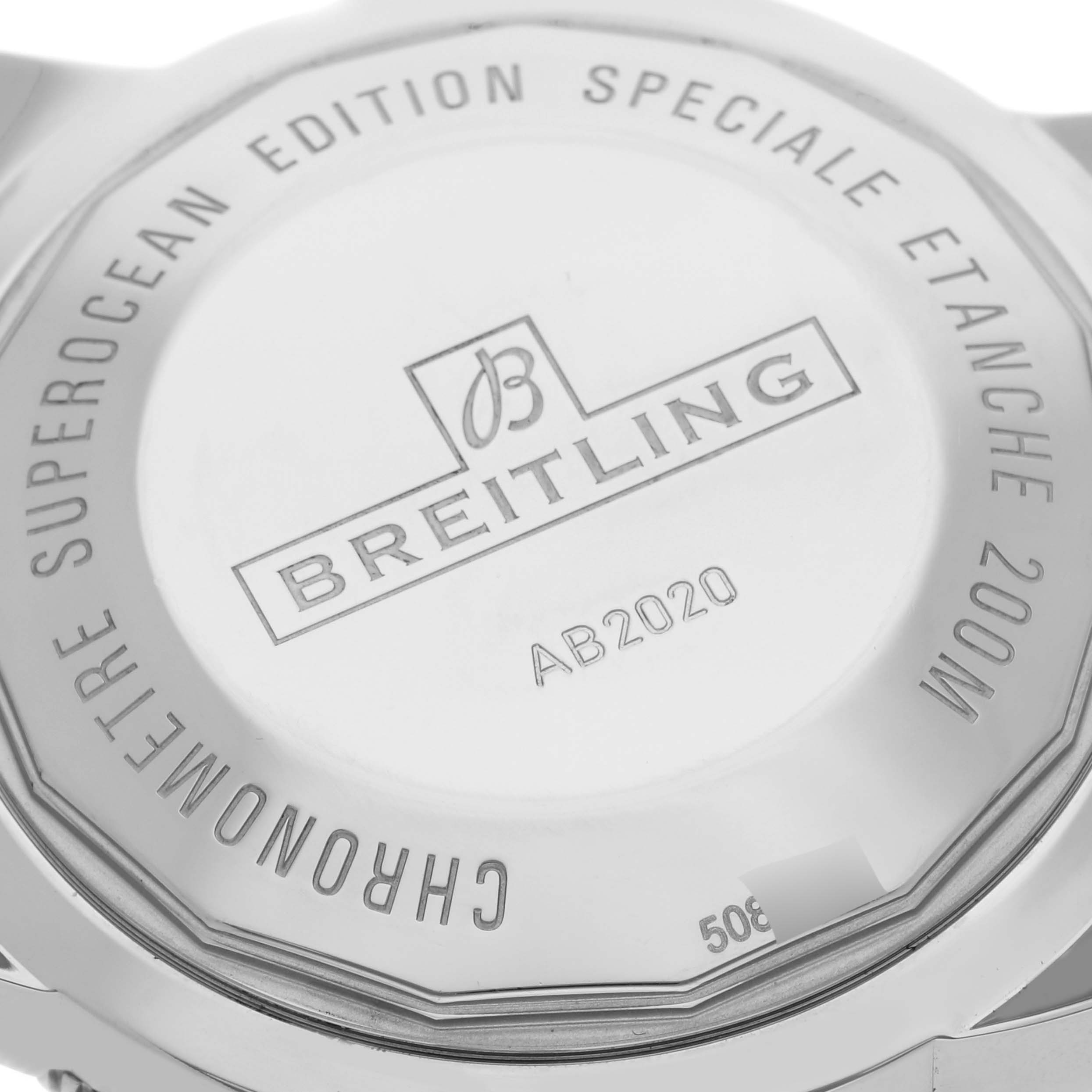 The image shows the case back of the Breitling Superocean AB2020161C1A1 Men's Stainless Steel Blue Dial AB2020161C1A1 Men's Stainless Steel Blue Dial watch at a close angle.