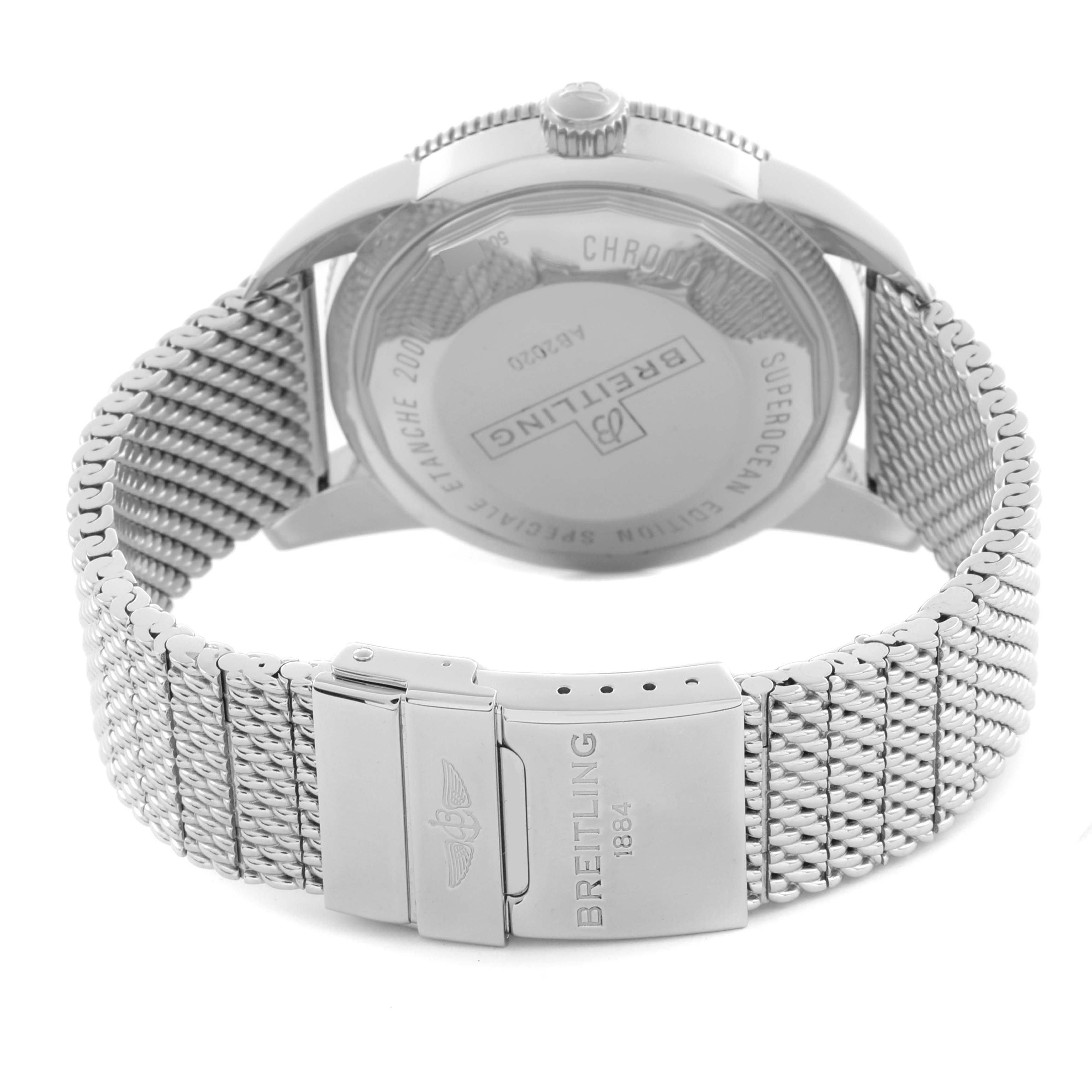 The image shows the back view of the Breitling Superocean AB2020161C1A1 Men's Stainless Steel Blue Dial AB2020161C1A1 Men's Stainless Steel Blue Dial watch, displaying the case back and metal mesh bracelet with clasp.