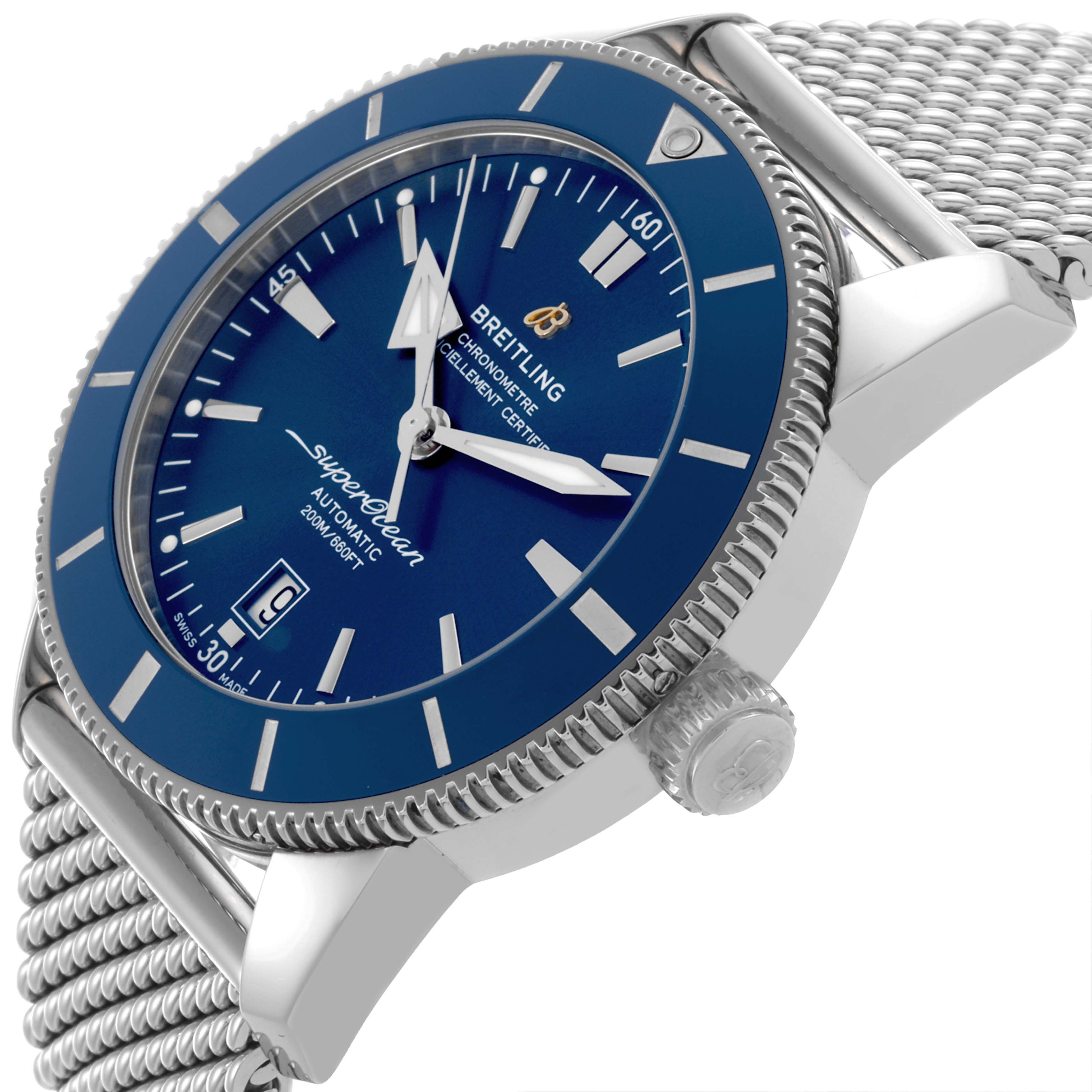 The Breitling Superocean AB2020161C1A1 Men's Stainless Steel Blue Dial AB2020161C1A1 Men's Stainless Steel Blue Dial watch is shown at a slight angle, showcasing the blue dial, bezel, crown, and partial bracelet.