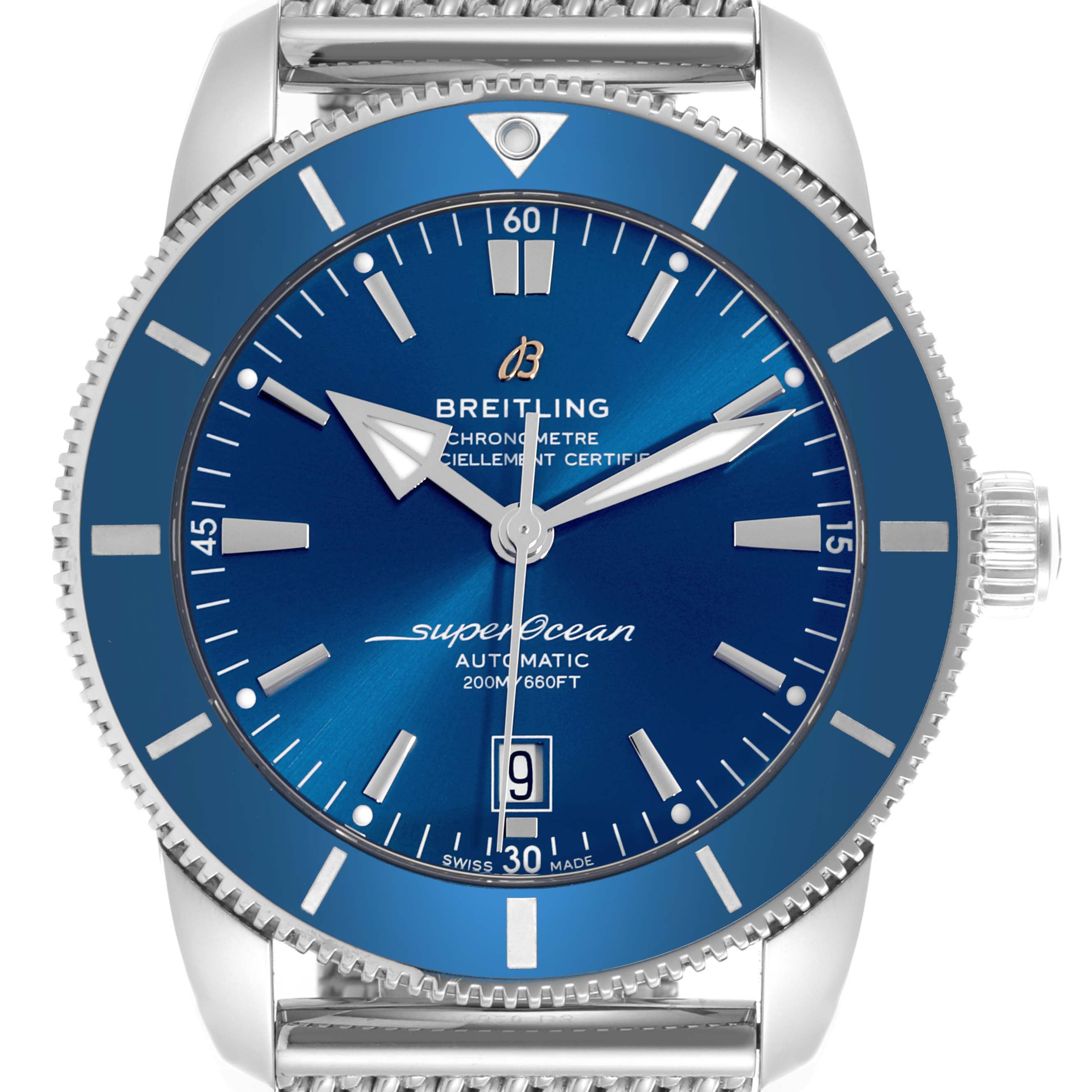 The Breitling Superocean AB2020161C1A1 Men's Stainless Steel Blue Dial AB2020161C1A1 Men's Stainless Steel Blue Dial watch is shown from the front, detailing the blue dial, hands, bezel, and crown.