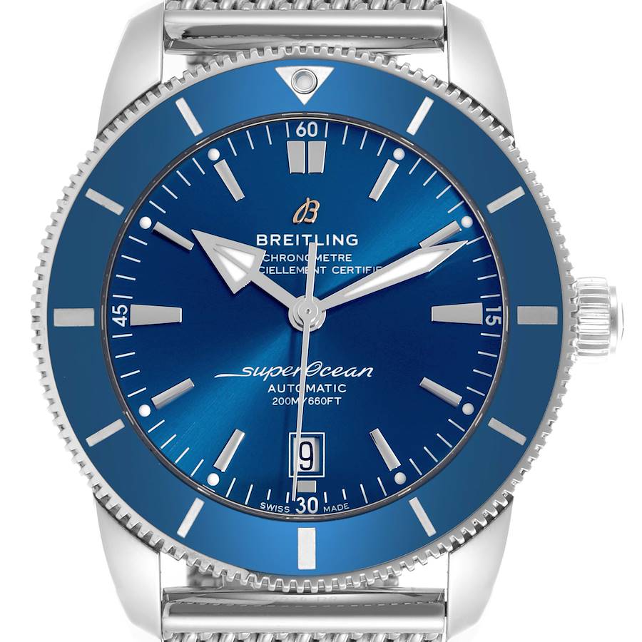 The Breitling Superocean watch is shown from the front, detailing the blue dial, hands, bezel, and crown.