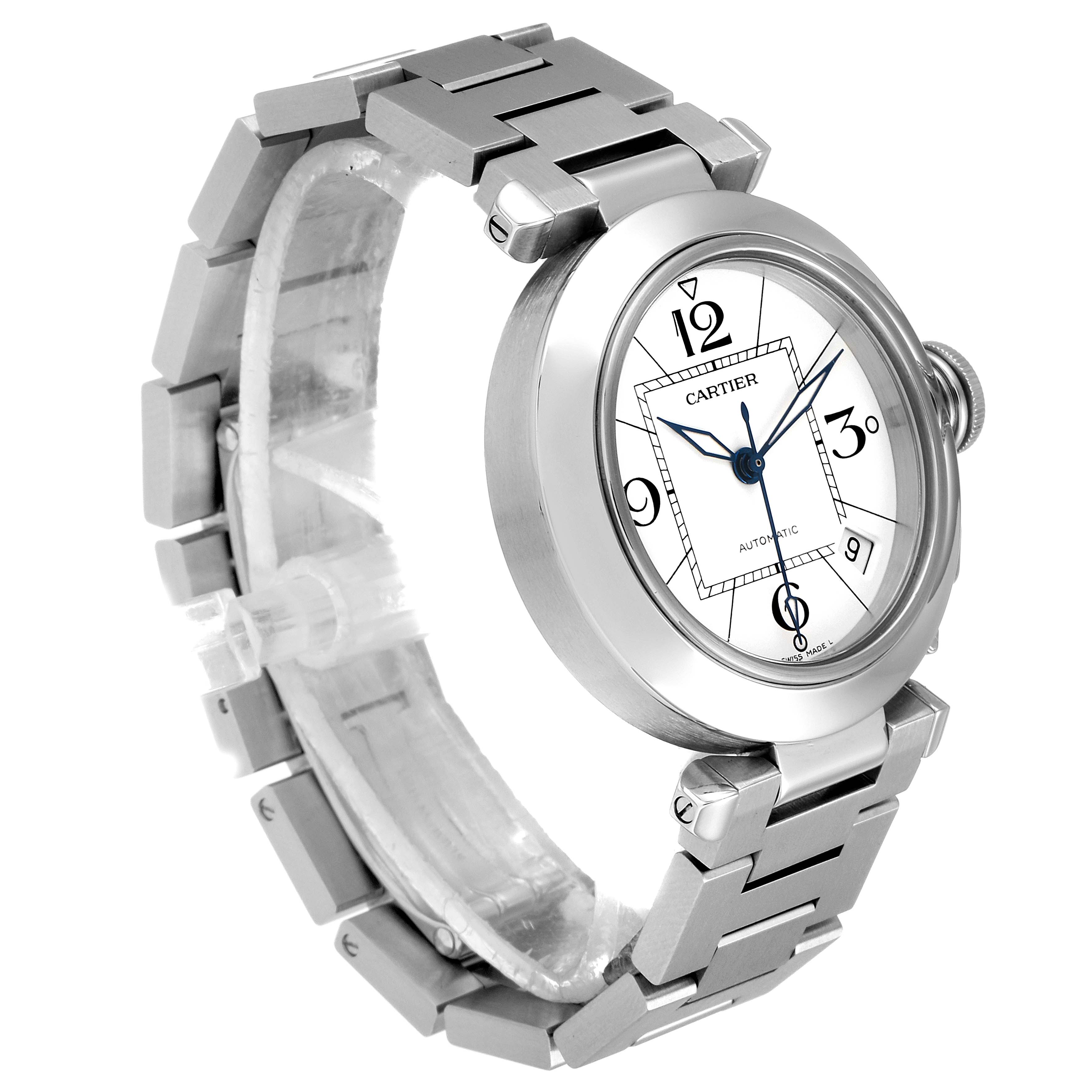 The image shows a side angle of the Cartier Pasha W31074M7 Men's Stainless Steel White Dial W31074M7 Men's Stainless Steel White Dial watch, highlighting its face, crown, and partial bracelet.