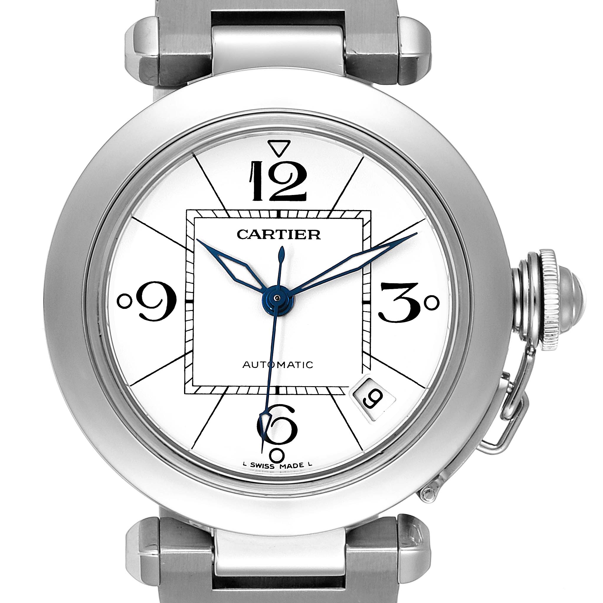 The image shows a front view of a Cartier Pasha W31074M7 Men's Stainless Steel White Dial W31074M7 Men's Stainless Steel White Dial model watch displaying the dial, hands, and winding crown.