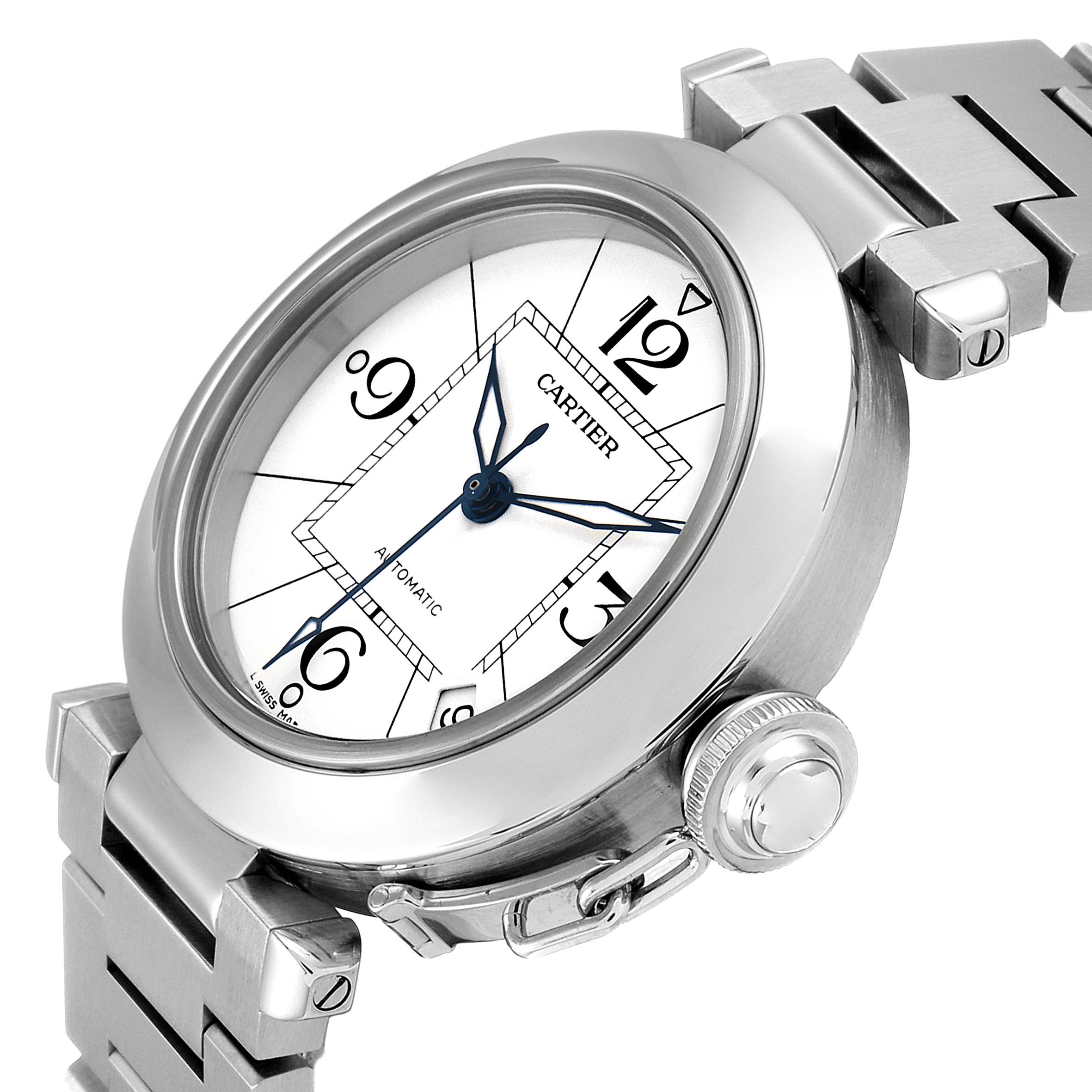 The image shows a close-up angle of the Cartier Pasha W31074M7 Men's Stainless Steel White Dial W31074M7 Men's Stainless Steel White Dial watch's dial, crown, and a portion of the metal bracelet.