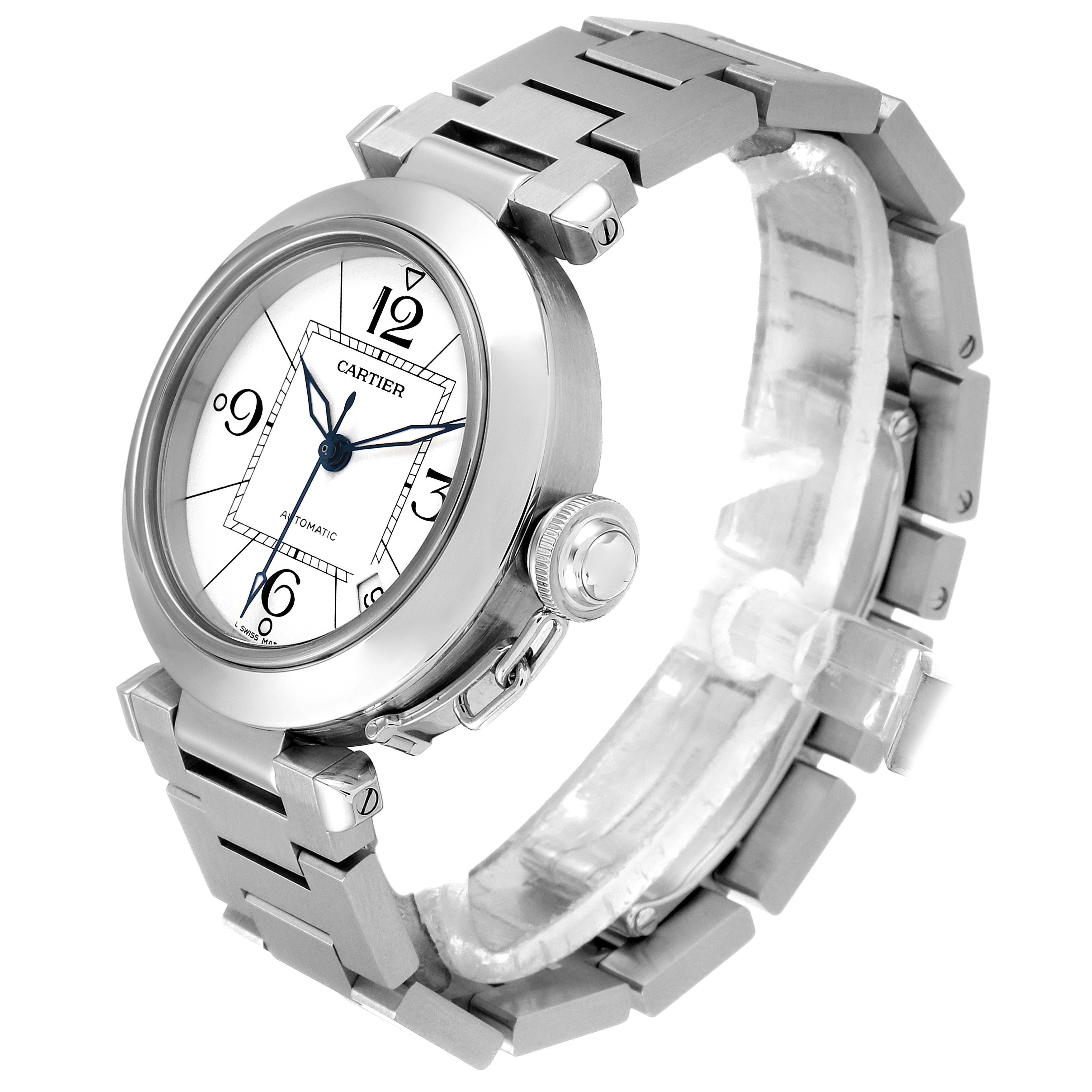The image shows a side angle of the Cartier Pasha W31074M7 Men's Stainless Steel White Dial W31074M7 Men's Stainless Steel White Dial watch, highlighting the face, crown, and metal bracelet.