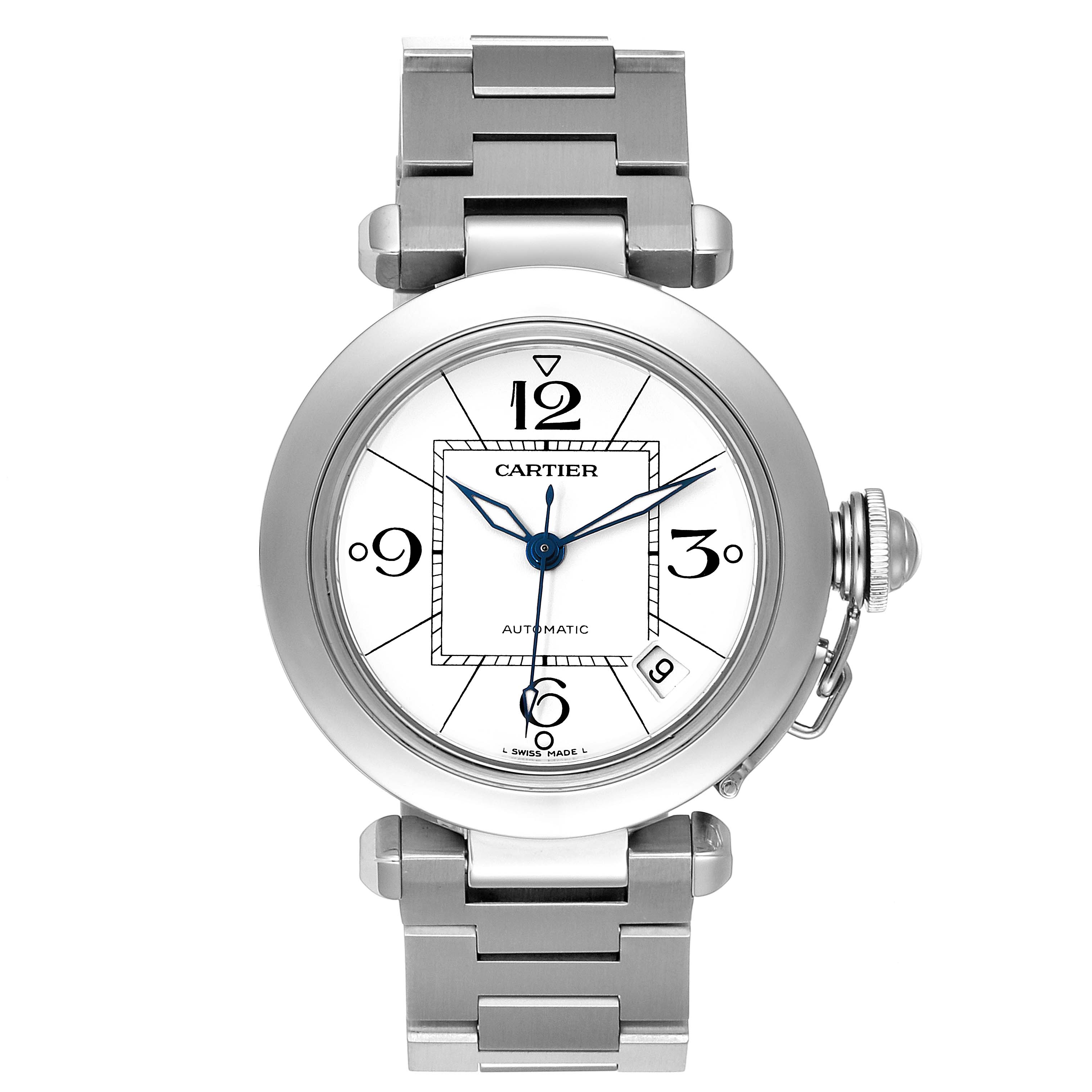 The image shows a front view of a Cartier Pasha W31074M7 Men's Stainless Steel White Dial W31074M7 Men's Stainless Steel White Dial watch, highlighting its face, bezel, and part of the bracelet.