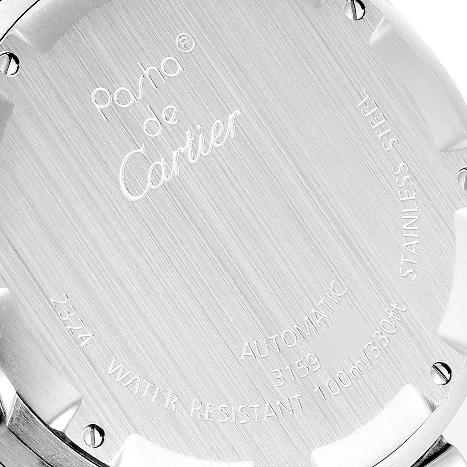 The image shows the back case of a Cartier Pasha W31074M7 Men's Stainless Steel White Dial W31074M7 Men's Stainless Steel White Dial model watch, highlighting details like water resistance, material, and automatic movement.