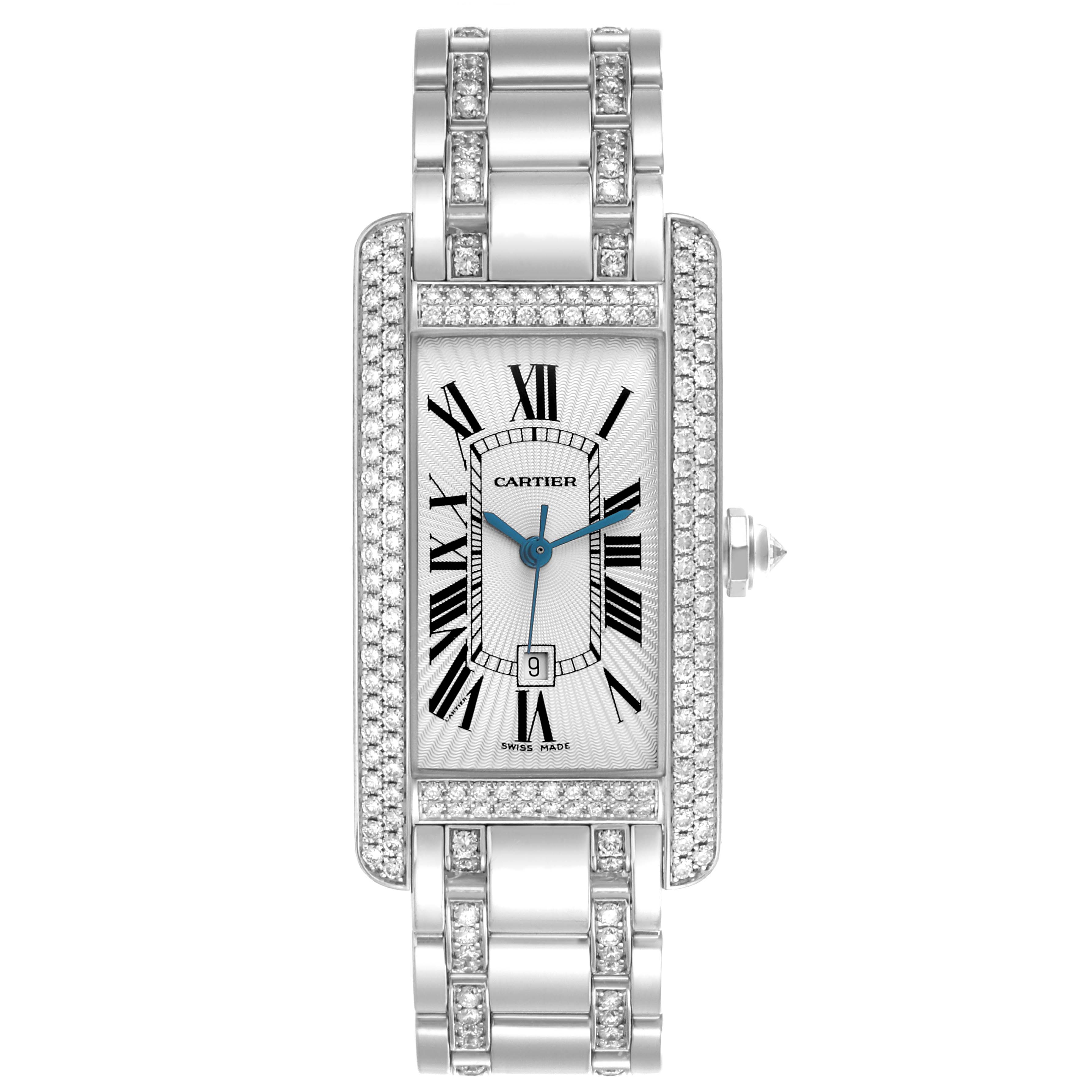 The Cartier Tank Americaine WB7045MP Men's White Gold Silver Dial WB7045MP Men's White Gold Silver Dial is shown from a front view, displaying the face, bracelet, and bezel details adorned with diamonds.