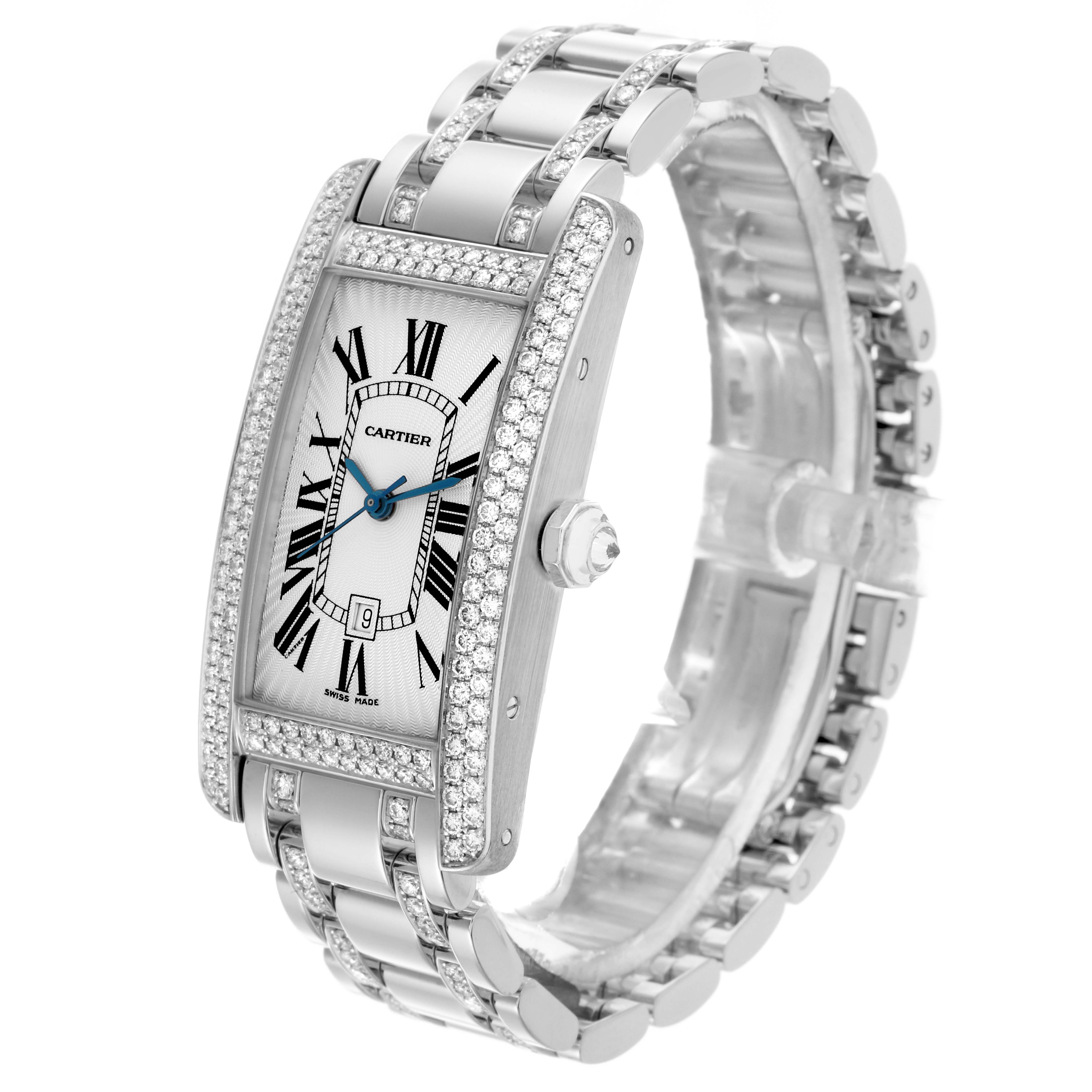 The Cartier Tank Américaine watch is shown at an angled view, highlighting its rectangular face, Roman numerals, and diamond accents.