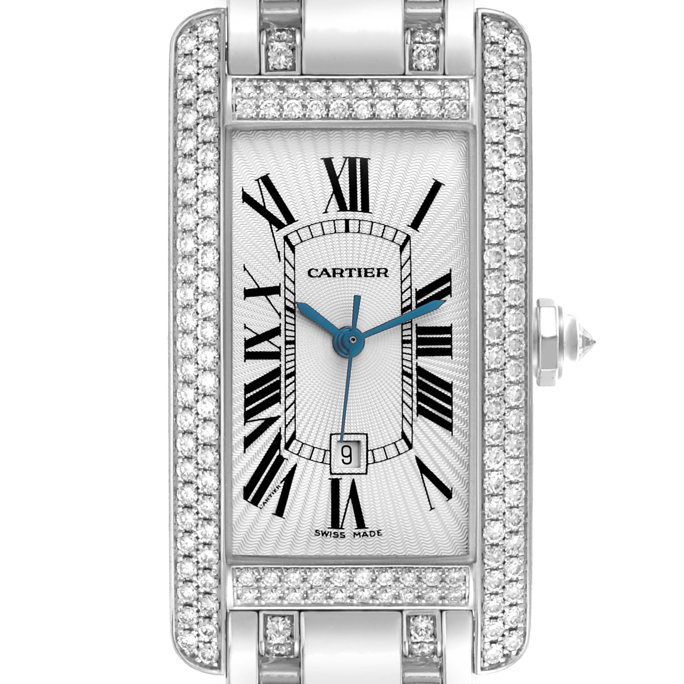 The Tank Americaine by Cartier is shown from the front, highlighting its rectangular face, Roman numerals, and diamond-encrusted bezel.