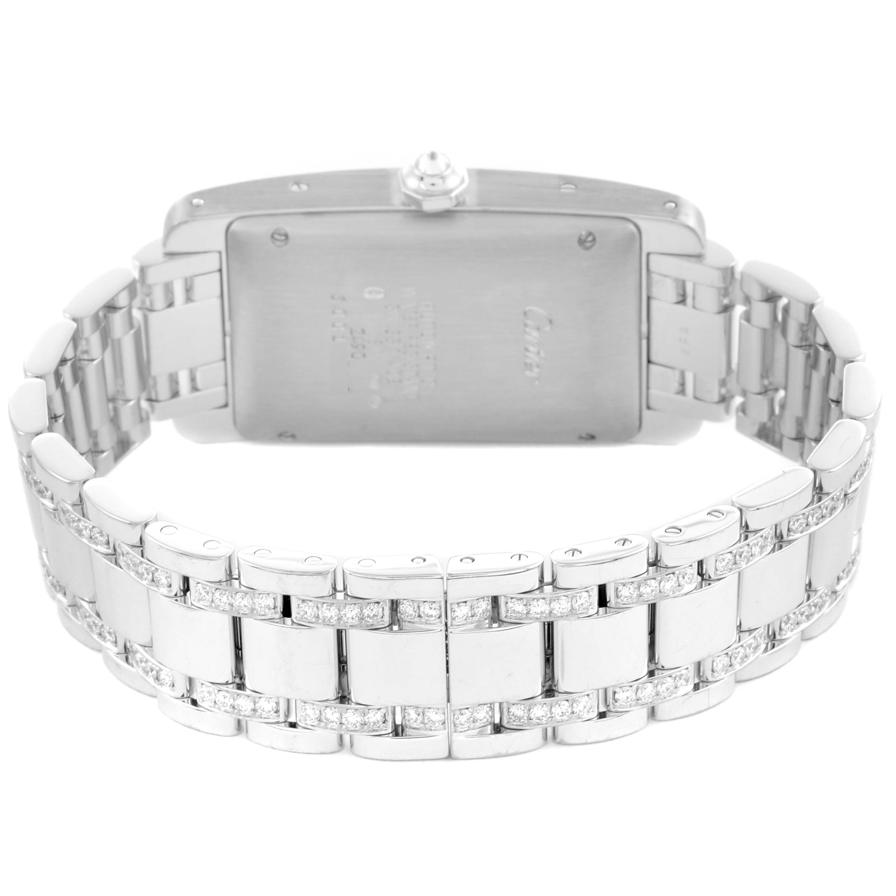 The image shows the back of a Cartier Tank Americaine WB7045MP Men's White Gold Silver Dial WB7045MP Men's White Gold Silver Dial watch, highlighting its metal bracelet and case back.