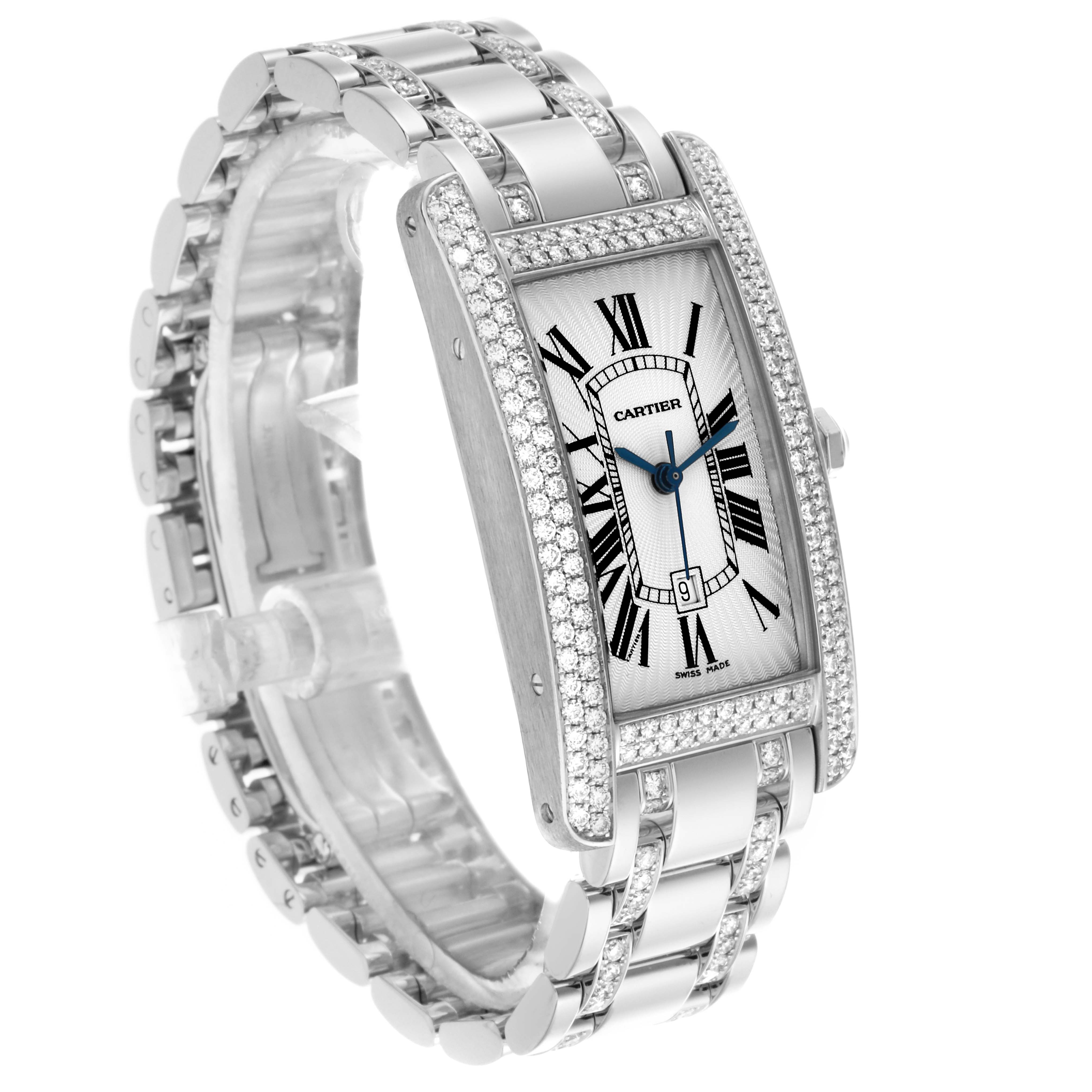 The Cartier Tank Americaine WB7045MP Men's White Gold Silver Dial WB7045MP Men's White Gold Silver Dial watch is shown at an angle displaying the face, bracelet, and diamond-studded bezel.
