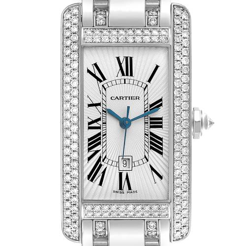 The Cartier Tank Americaine watch is shown from a top view, highlighting the face, Roman numerals, and diamond accents on the bezel.