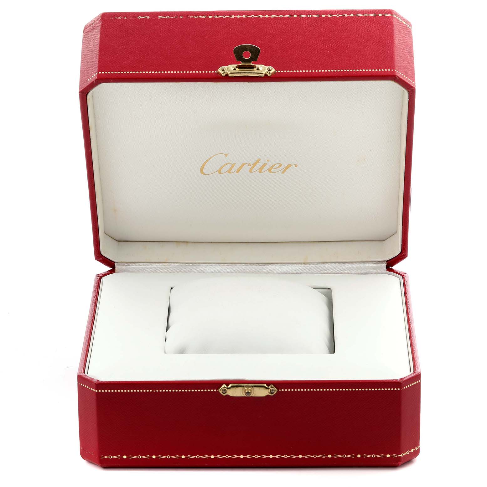 This is an image of a Cartier Tank Americaine WB7045MP Men's White Gold Silver Dial WB7045MP Men's White Gold Silver Dial watch box, shown open from the front, displaying its interior cushion and branding.