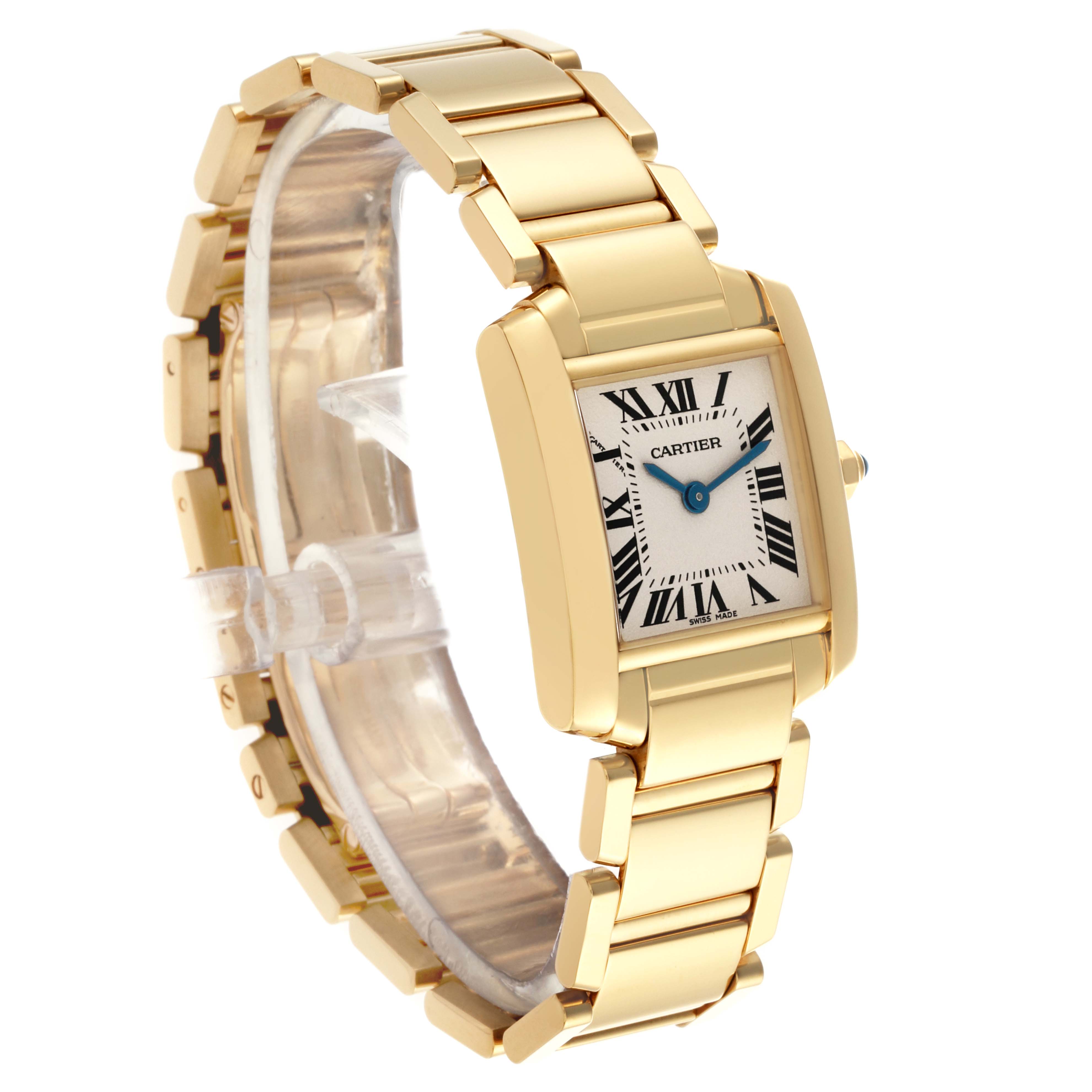 The Cartier Tank Francaise W50002N2 Women's Yellow Gold Silver Dial W50002N2 Women's Yellow Gold Silver Dial watch is shown at an angled side view, displaying the gold bracelet and rectangular dial with Roman numerals.
